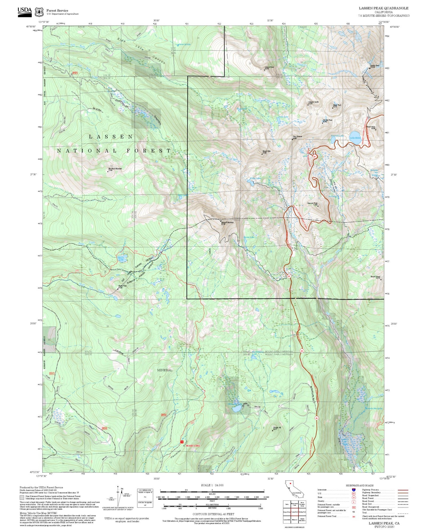 2025 Forest Service Topo Map of Lassen Peak California