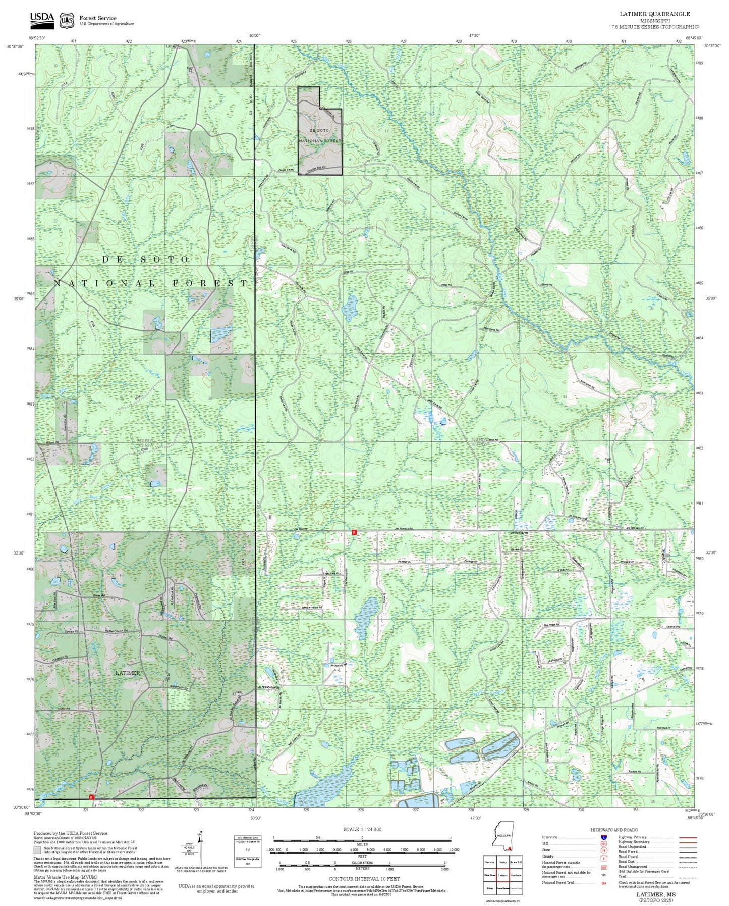 2025 Forest Service Topo Map of Latimer Mississippi