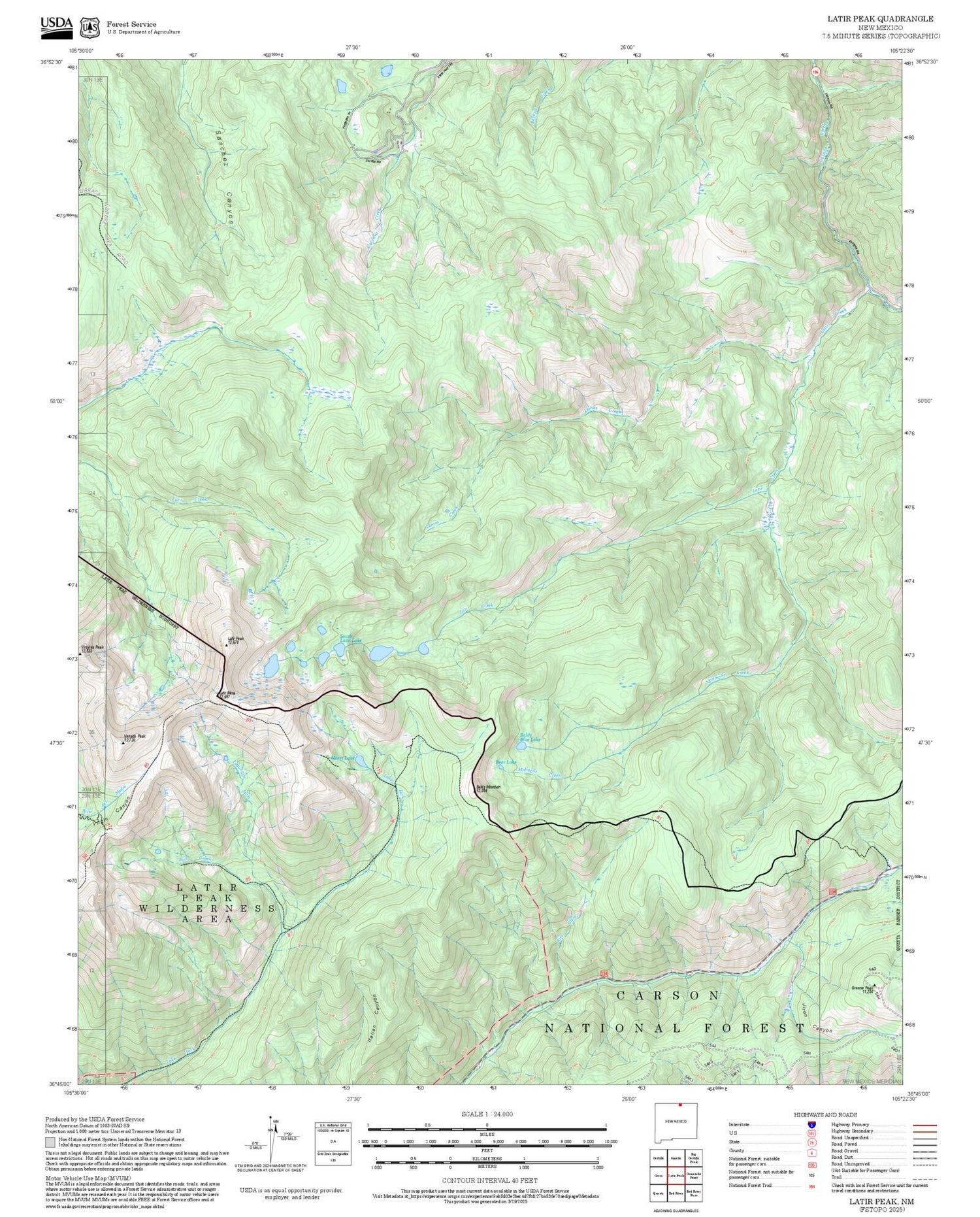 2025 Forest Service Topo Map of Latir Peak New Mexico
