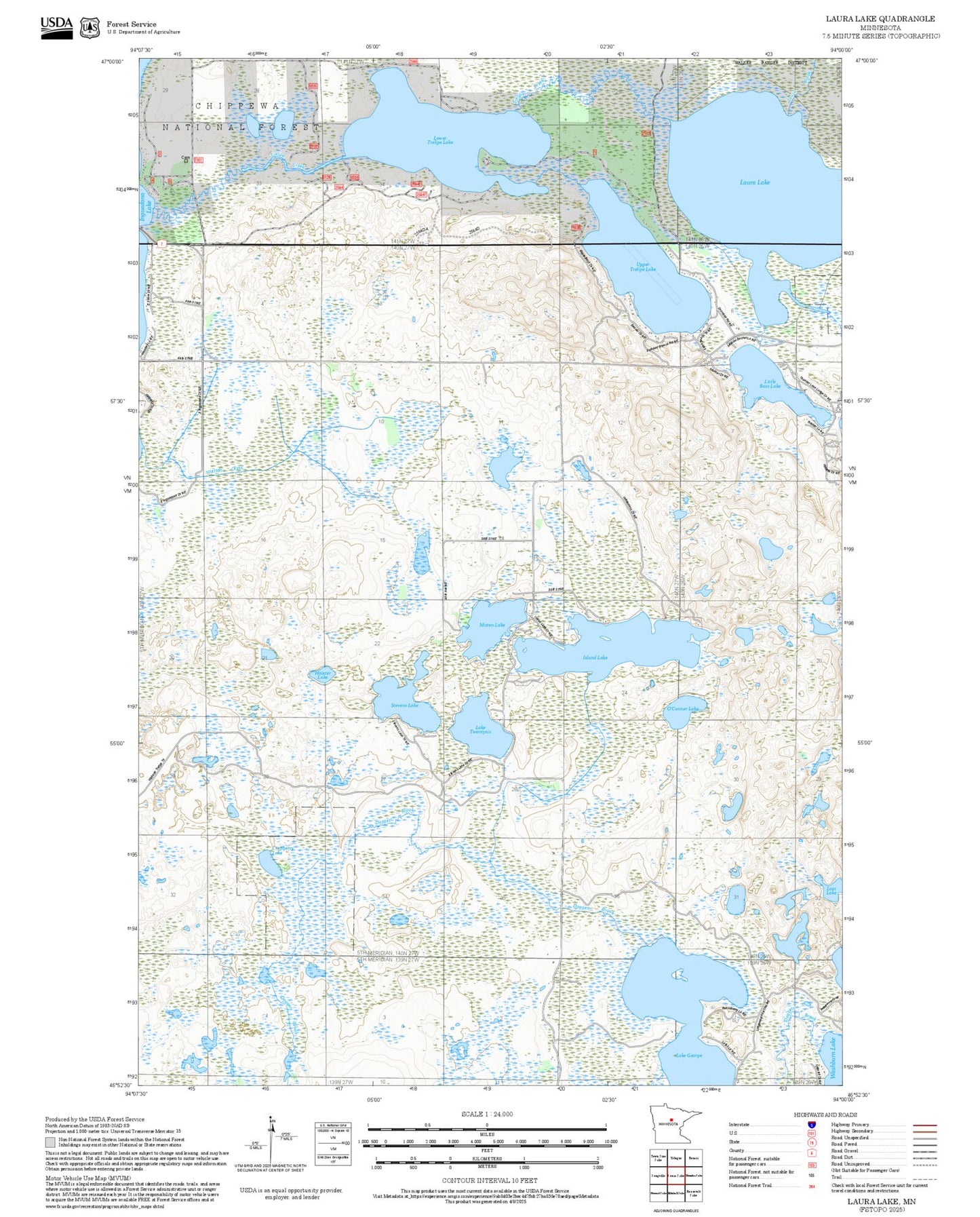 2025 Forest Service Topo Map of Laura Lake Minnesota