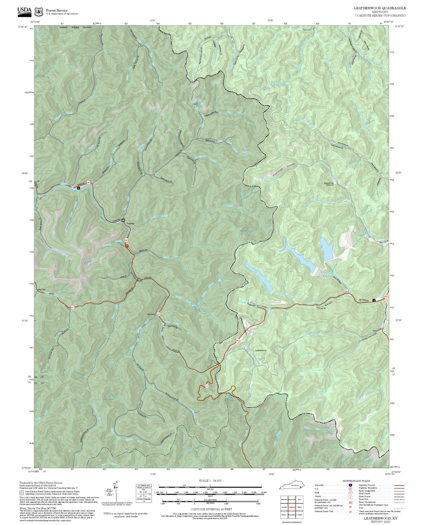 2025 Forest Service Topo Map of Leatherwood Kentucky