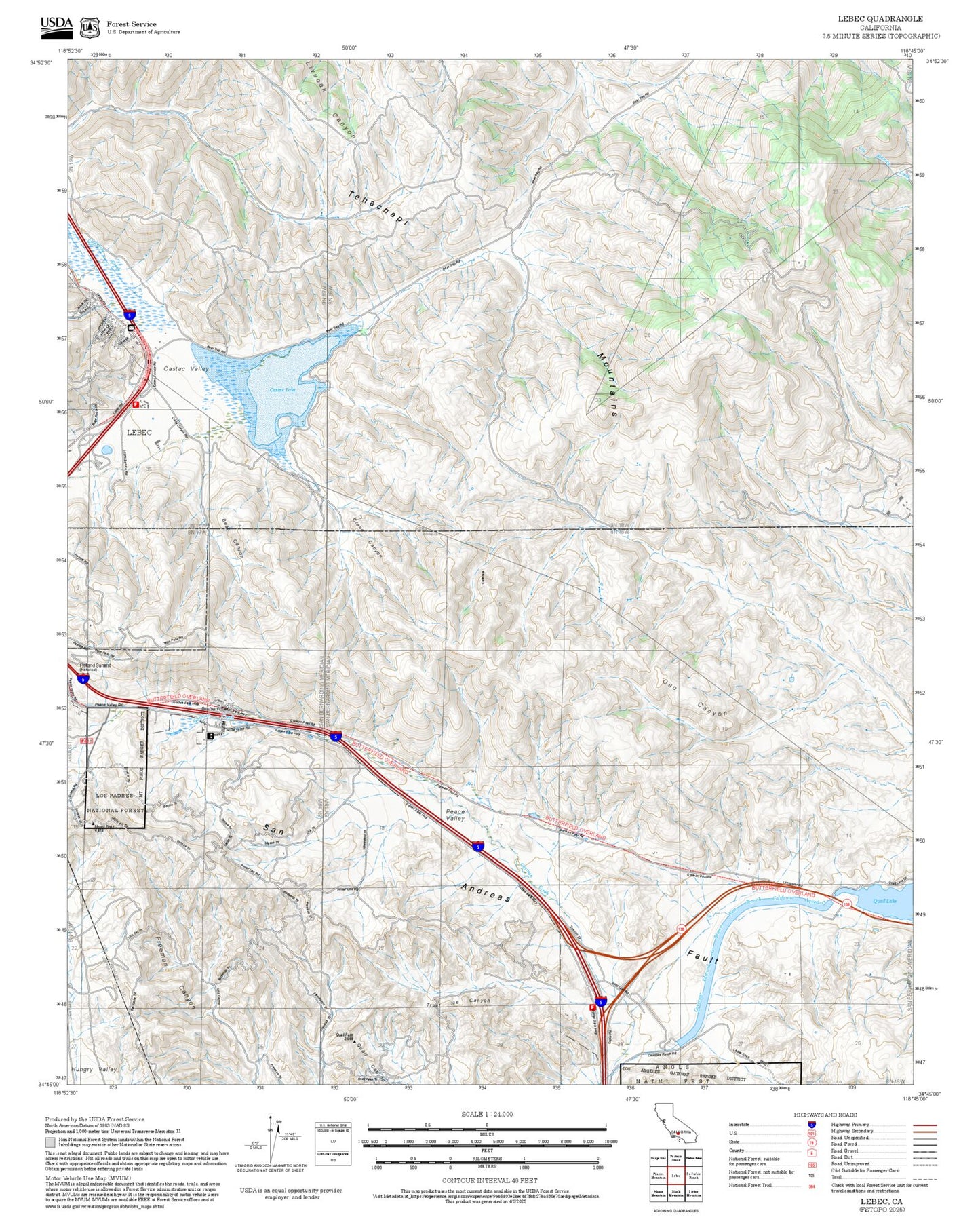 2025 Forest Service Topo Map of Lebec California