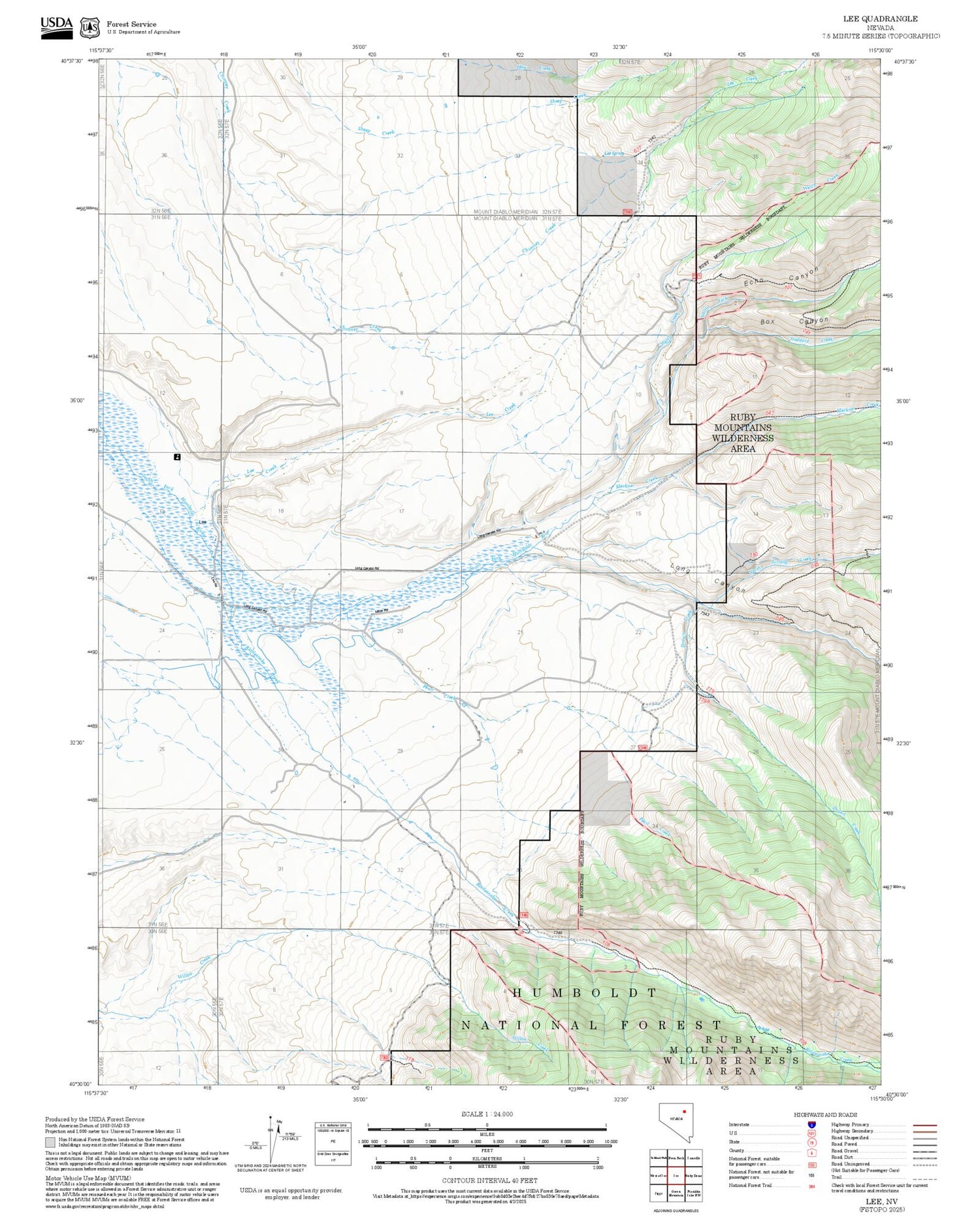 2025 Forest Service Topo Map of Lee Nevada