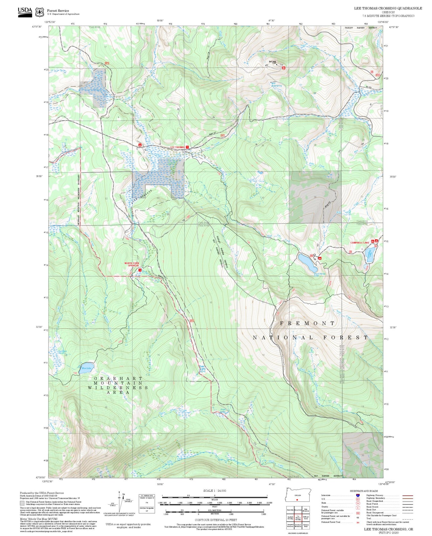 2025 Forest Service Topo Map of Lee Thomas Crossing Oregon
