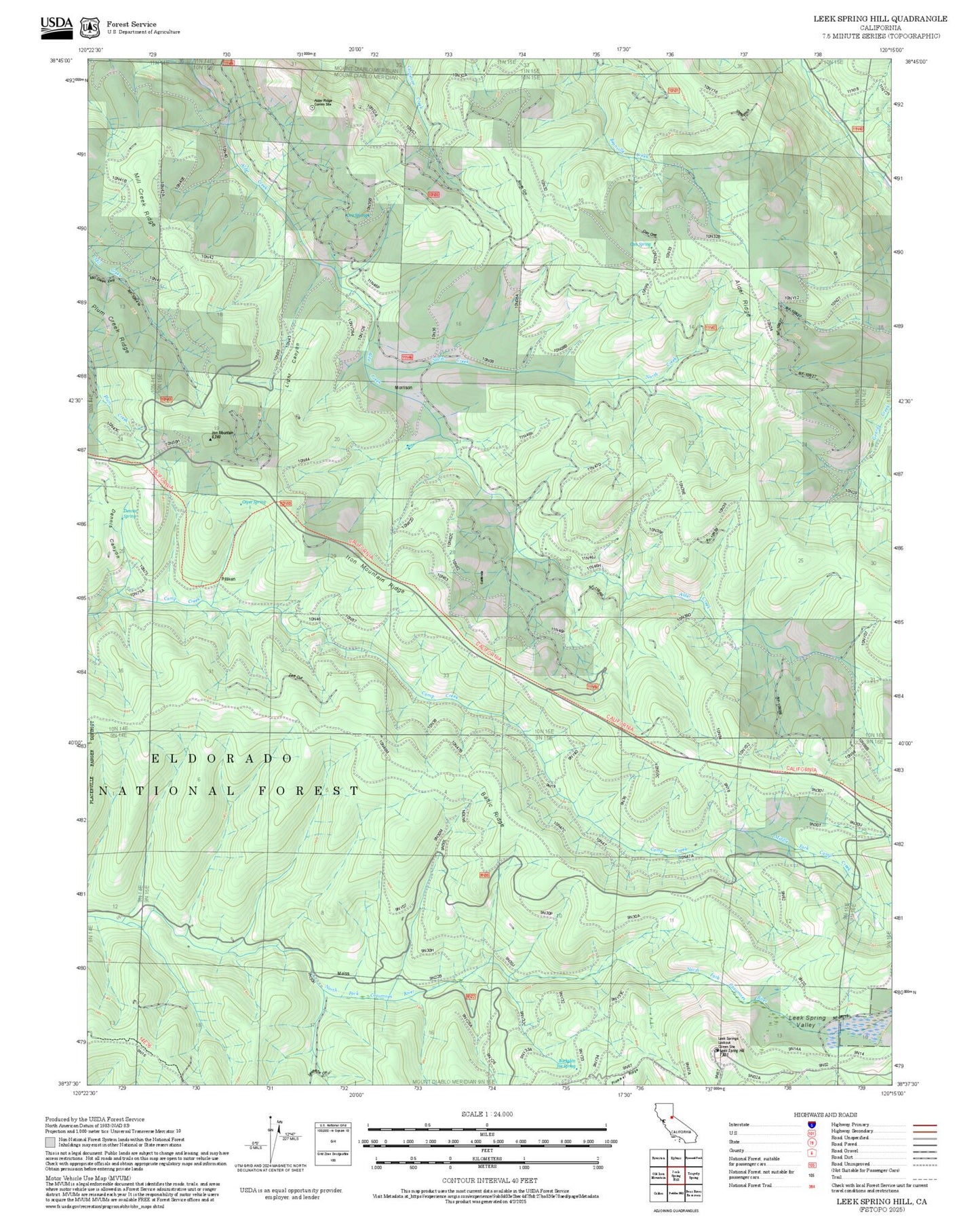 2025 Forest Service Topo Map of Leek Spring Hill California