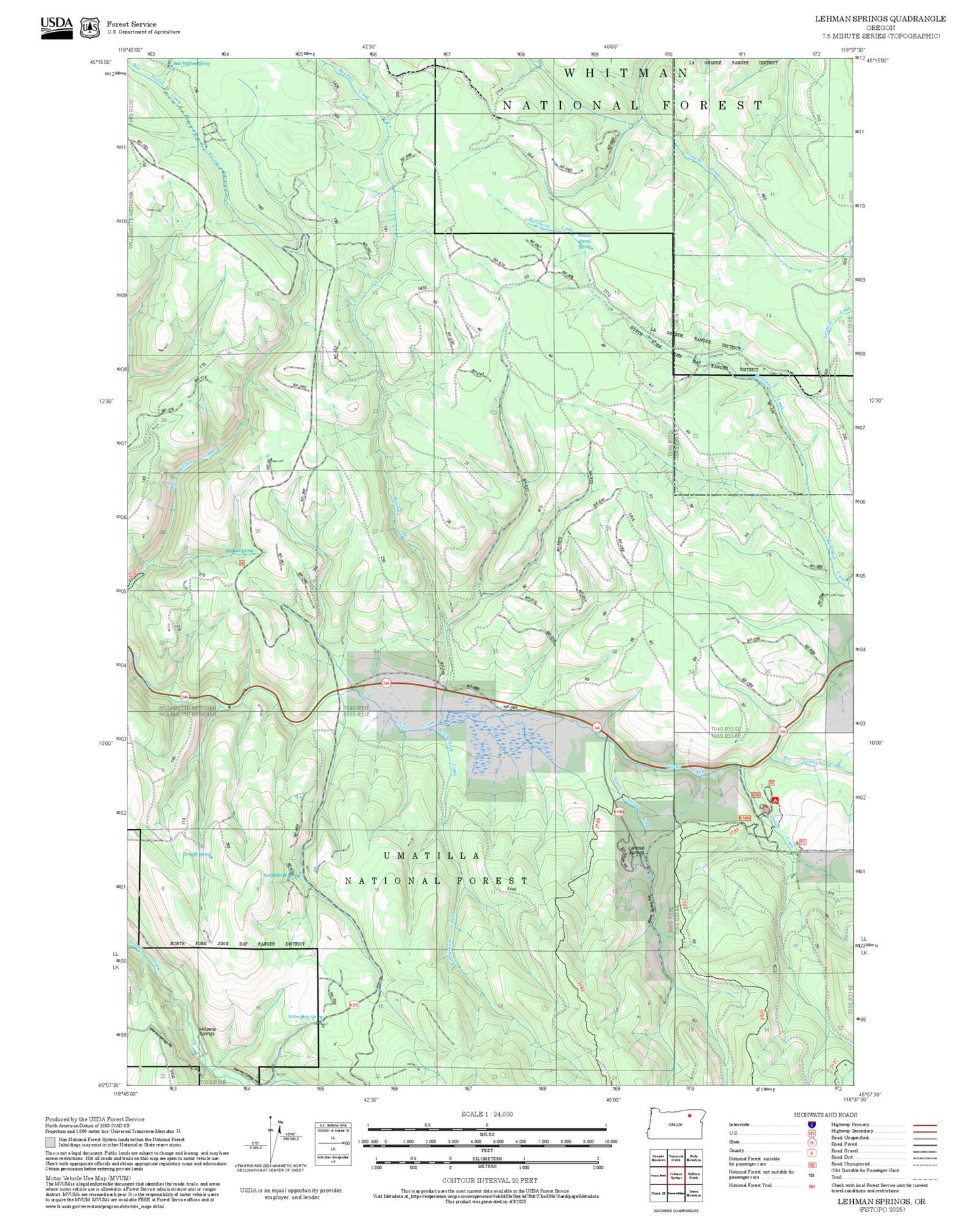 2025 Forest Service Topo Map of Lehman Springs Oregon