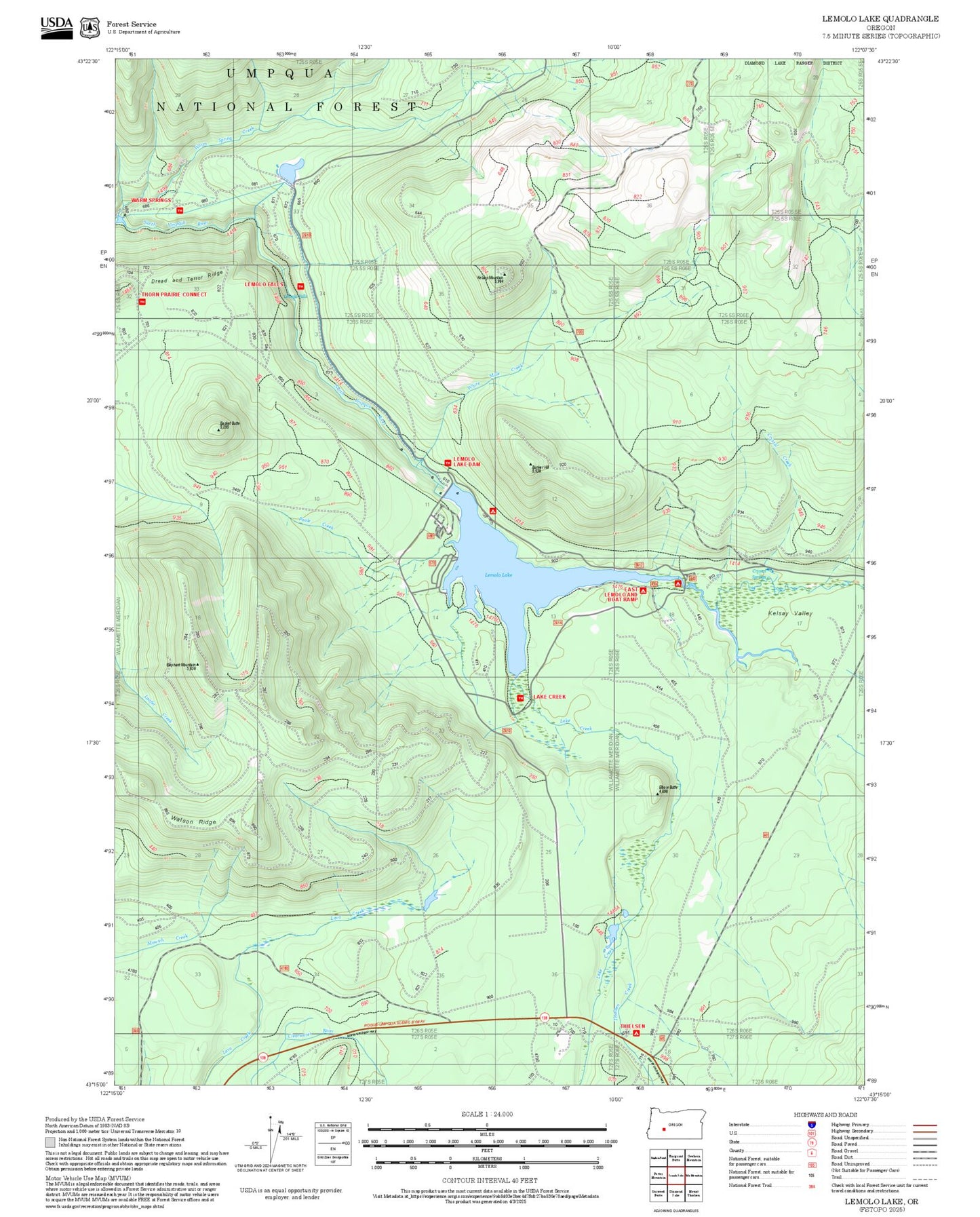 2025 Forest Service Topo Map of Lemolo Lake Oregon