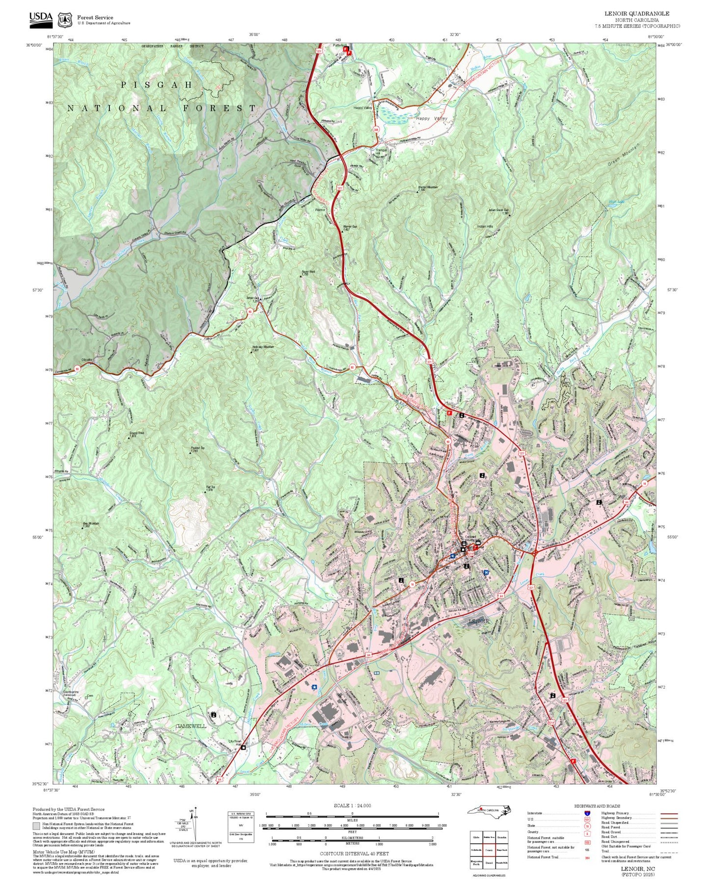 2025 Forest Service Topo Map of Lenoir North Carolina