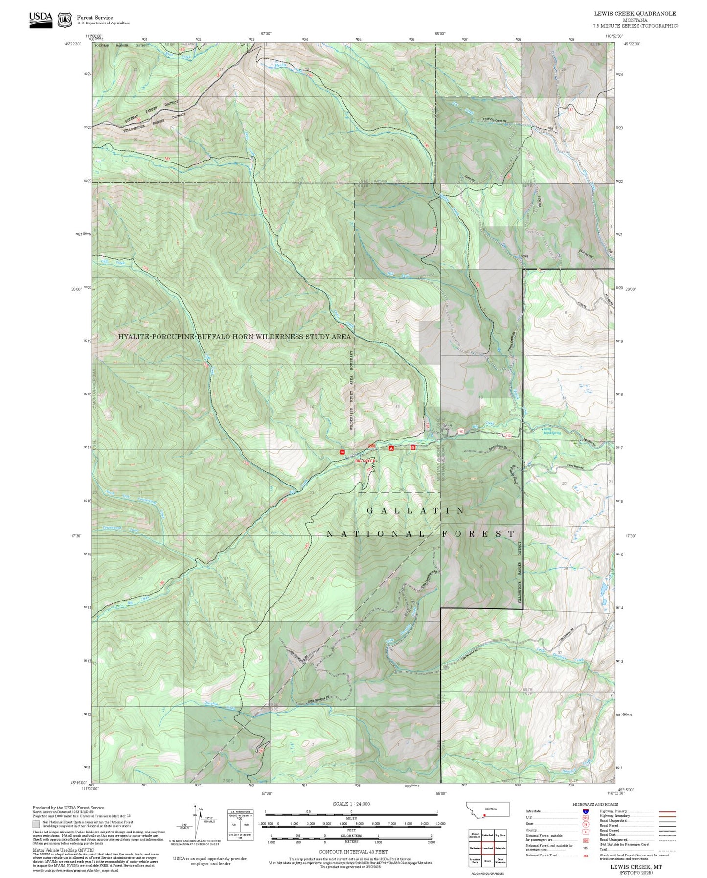 2025 Forest Service Topo Map of Lewis Creek Montana