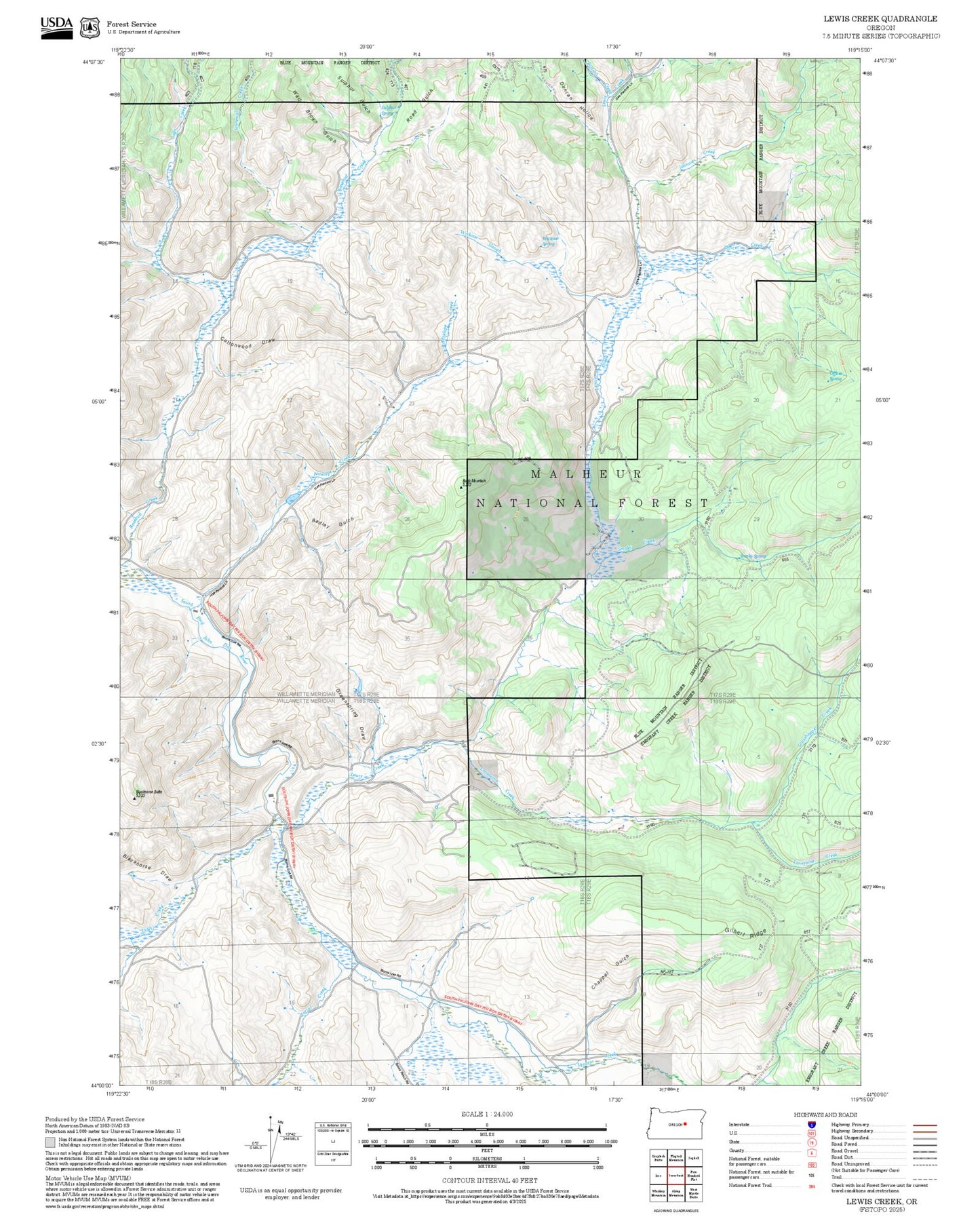 2025 Forest Service Topo Map of Lewis Creek Oregon