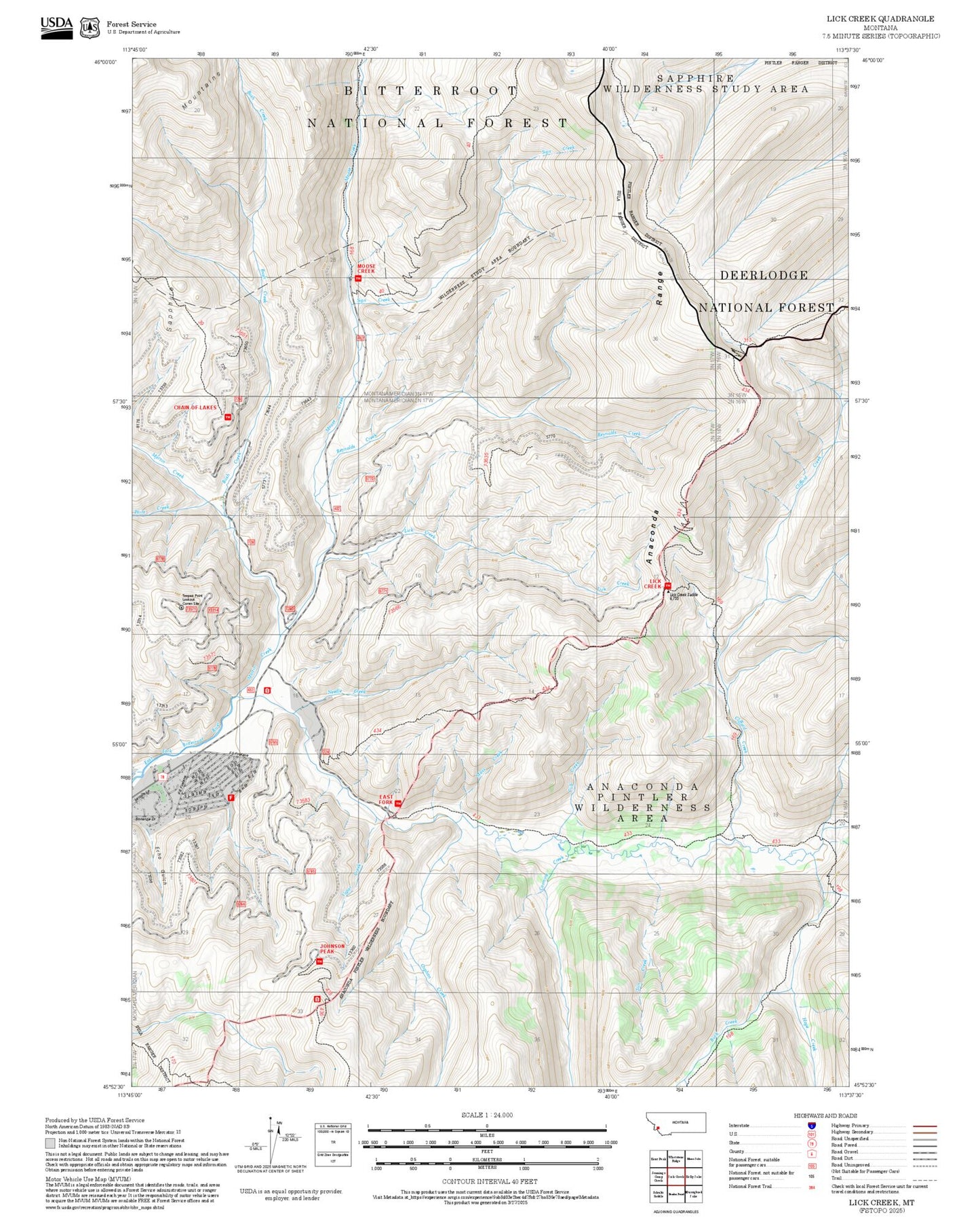 2025 Forest Service Topo Map of Lick Creek Montana