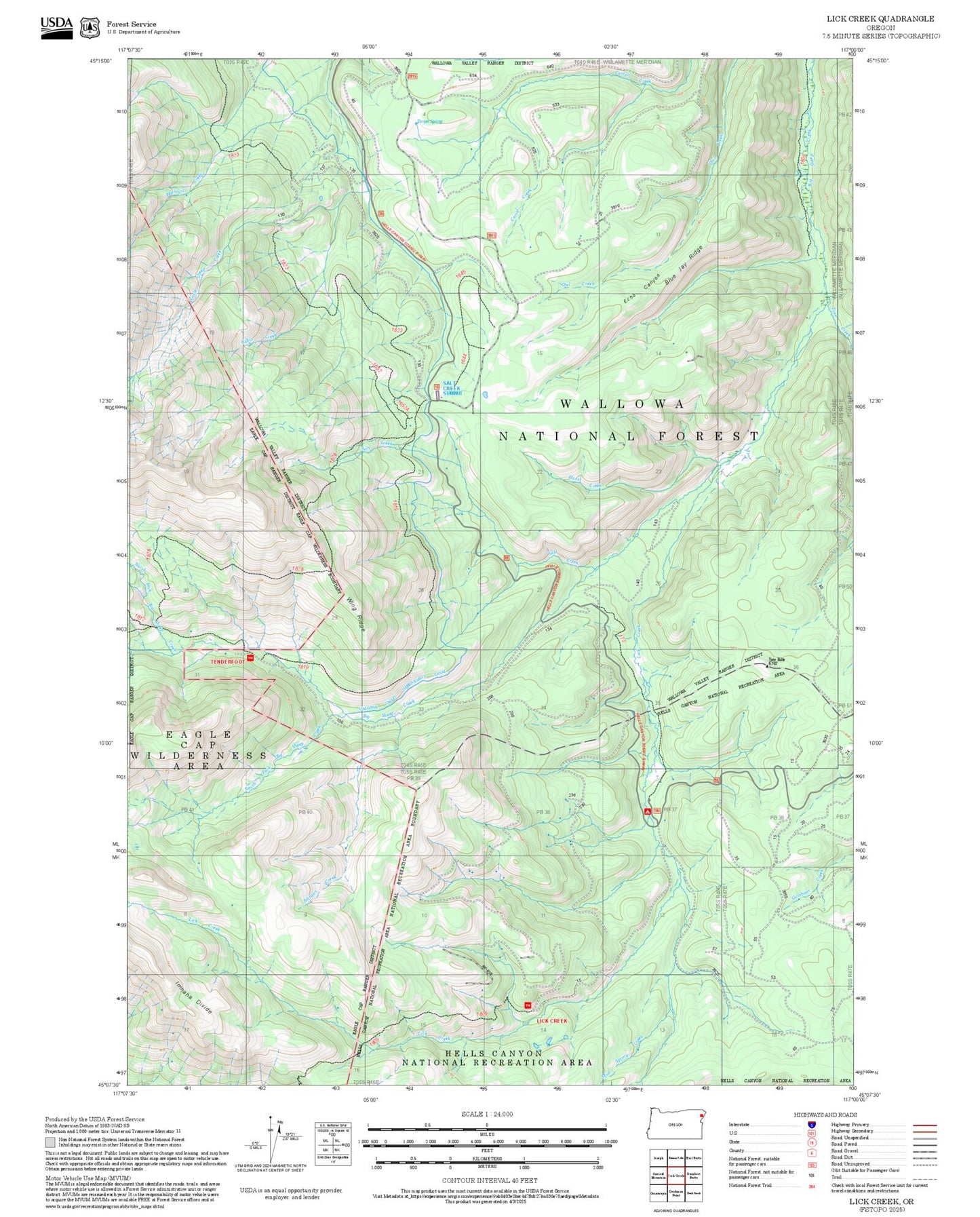 2025 Forest Service Topo Map of Lick Creek Oregon