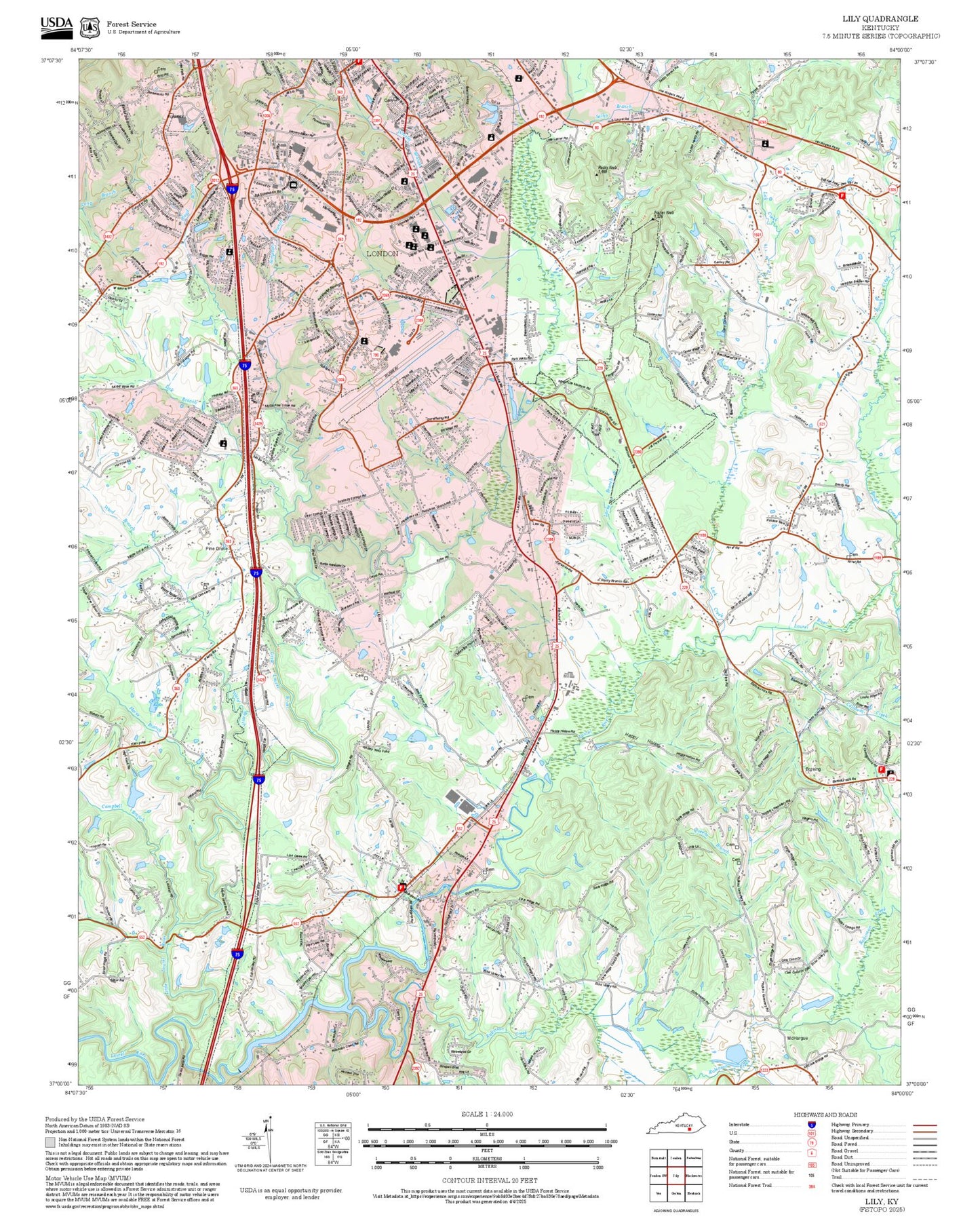 2025 Forest Service Topo Map of Lily Kentucky