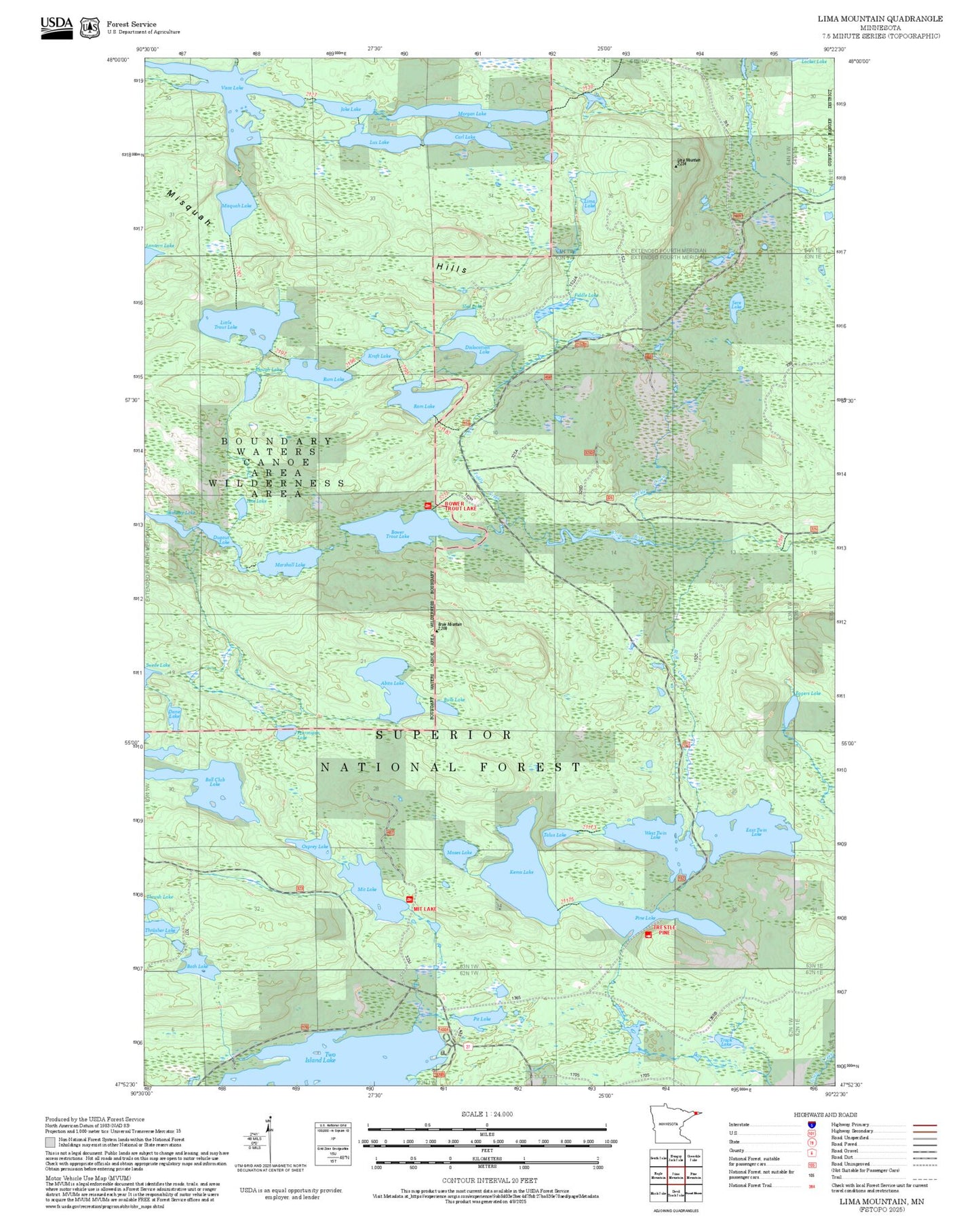 2025 Forest Service Topo Map of Lima Mountain Minnesota