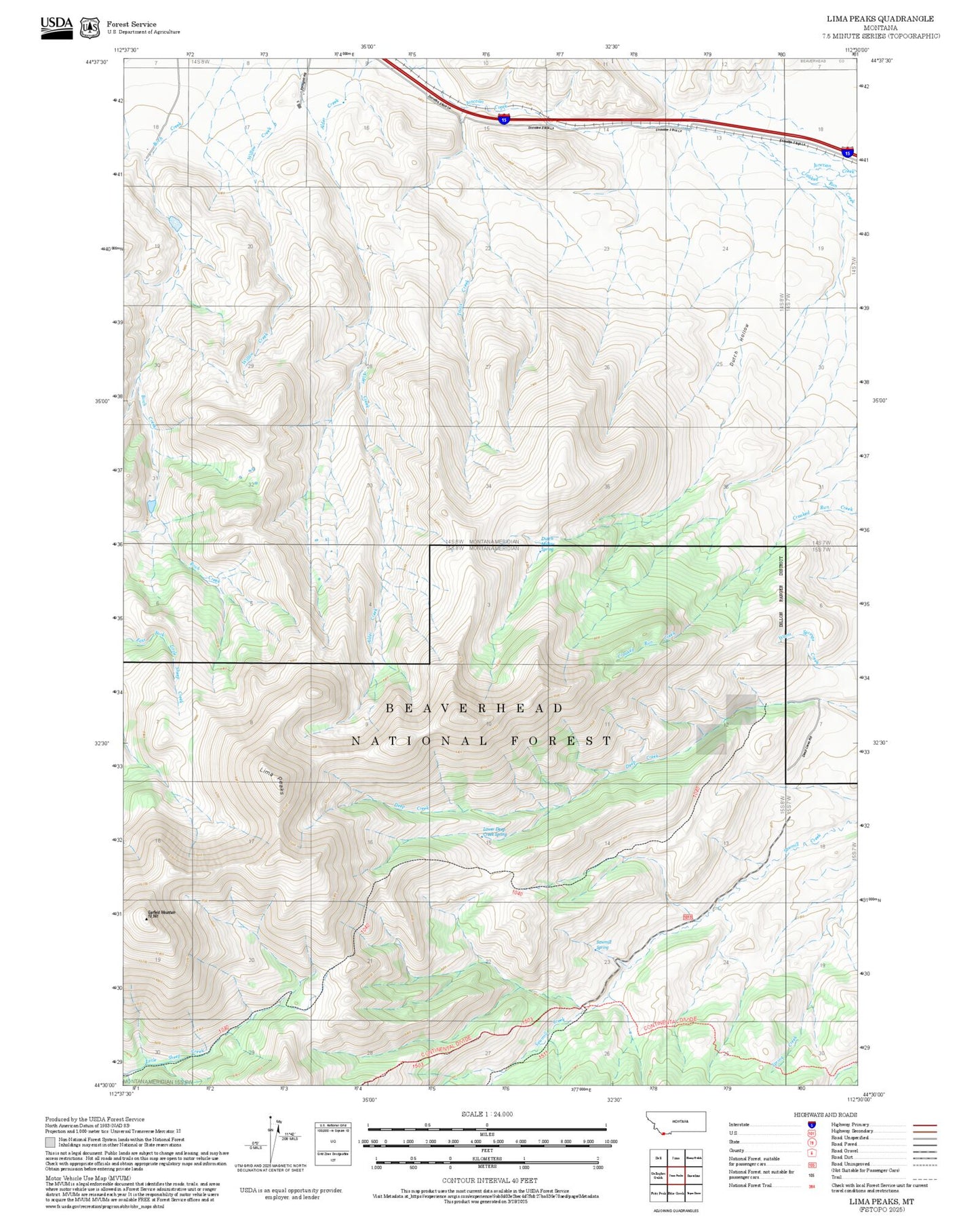 2025 Forest Service Topo Map of Lima Peaks Montana