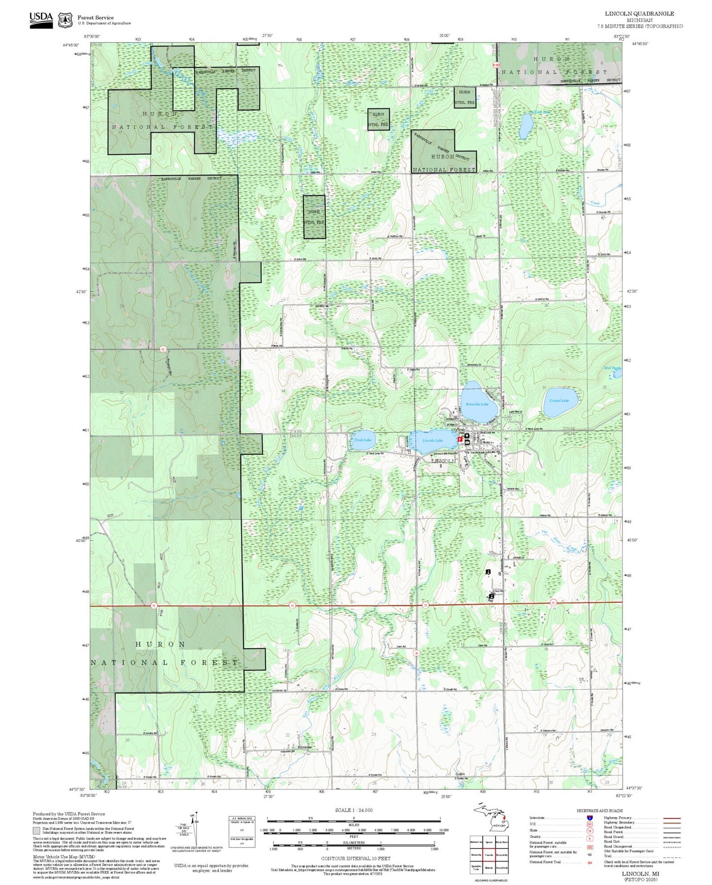 2025 Forest Service Topo Map of Lincoln Michigan