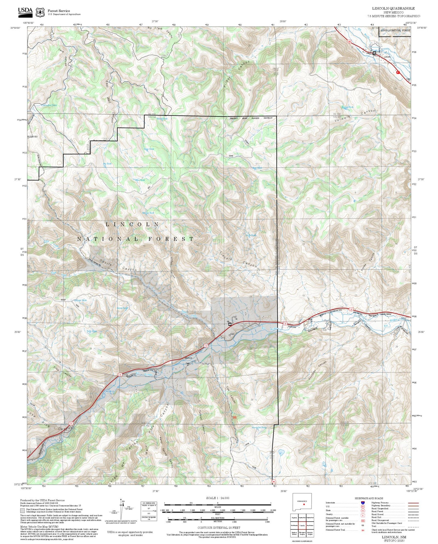 2025 Forest Service Topo Map of Lincoln New Mexico