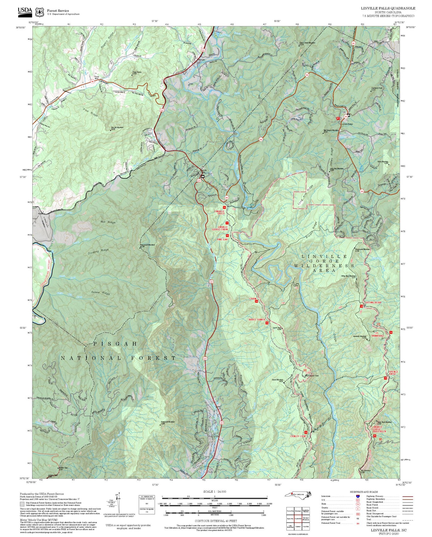 2025 Forest Service Topo Map of Linville Falls North Carolina