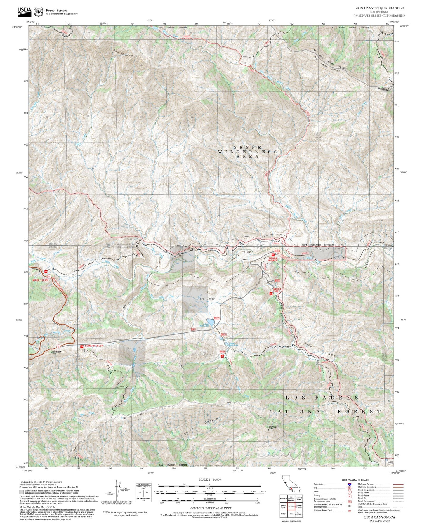 2025 Forest Service Topo Map of Lion Canyon California
