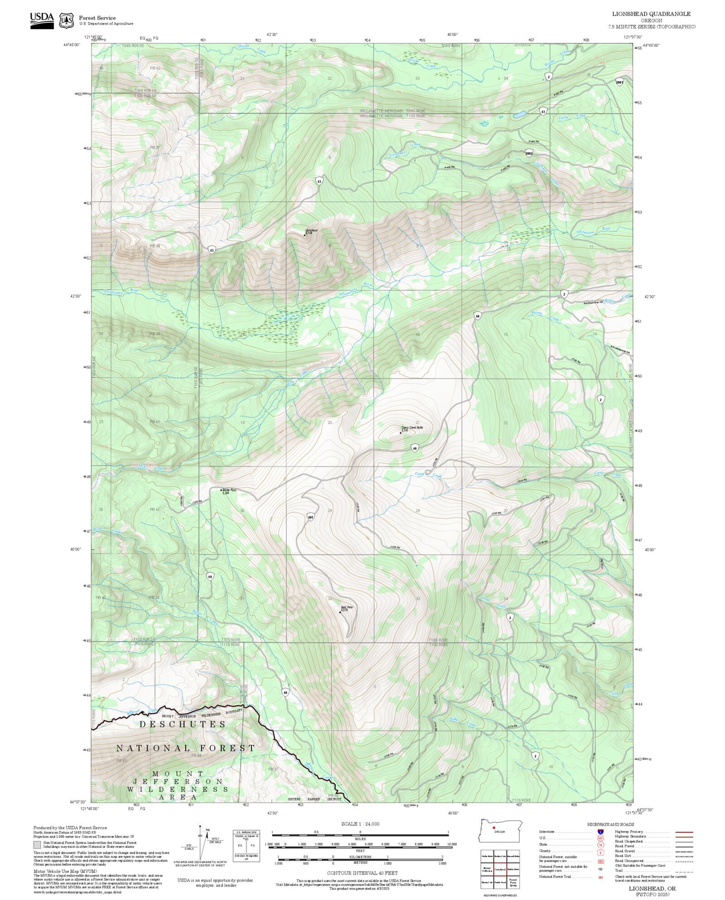 2025 Forest Service Topo Map of Lionshead Oregon