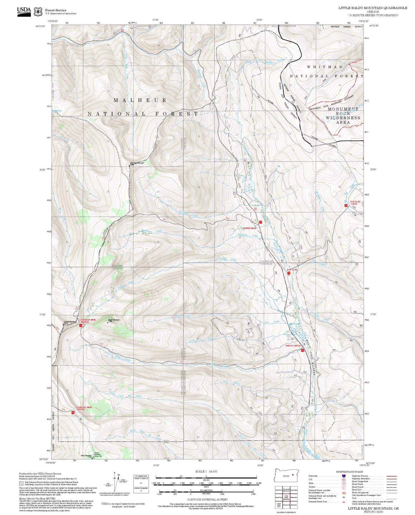 2025 Forest Service Topo Map of Little Baldy Mountain Oregon