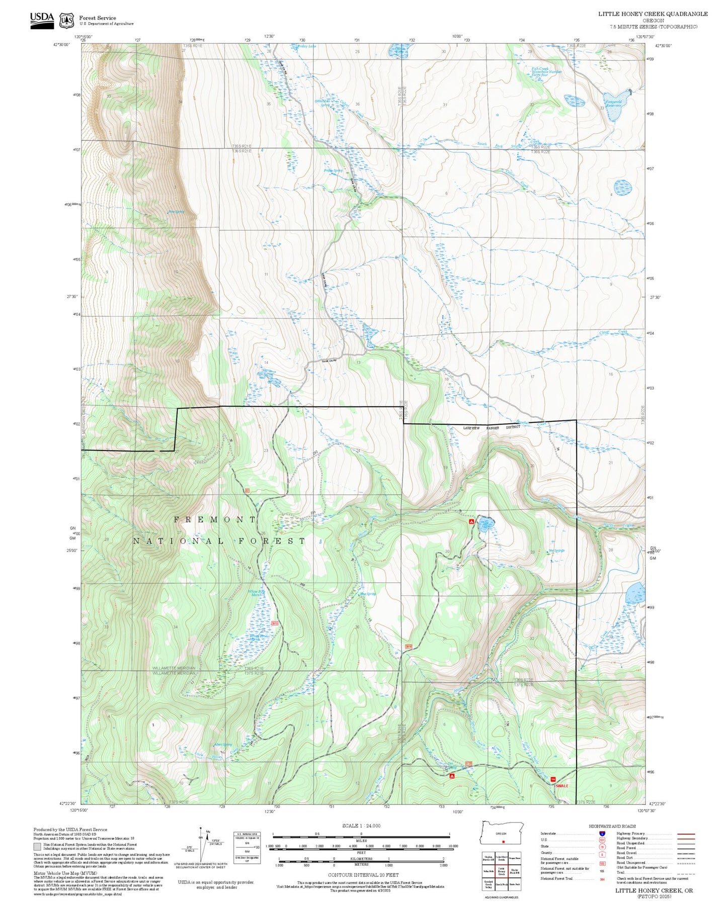 2025 Forest Service Topo Map of Little Honey Creek Oregon