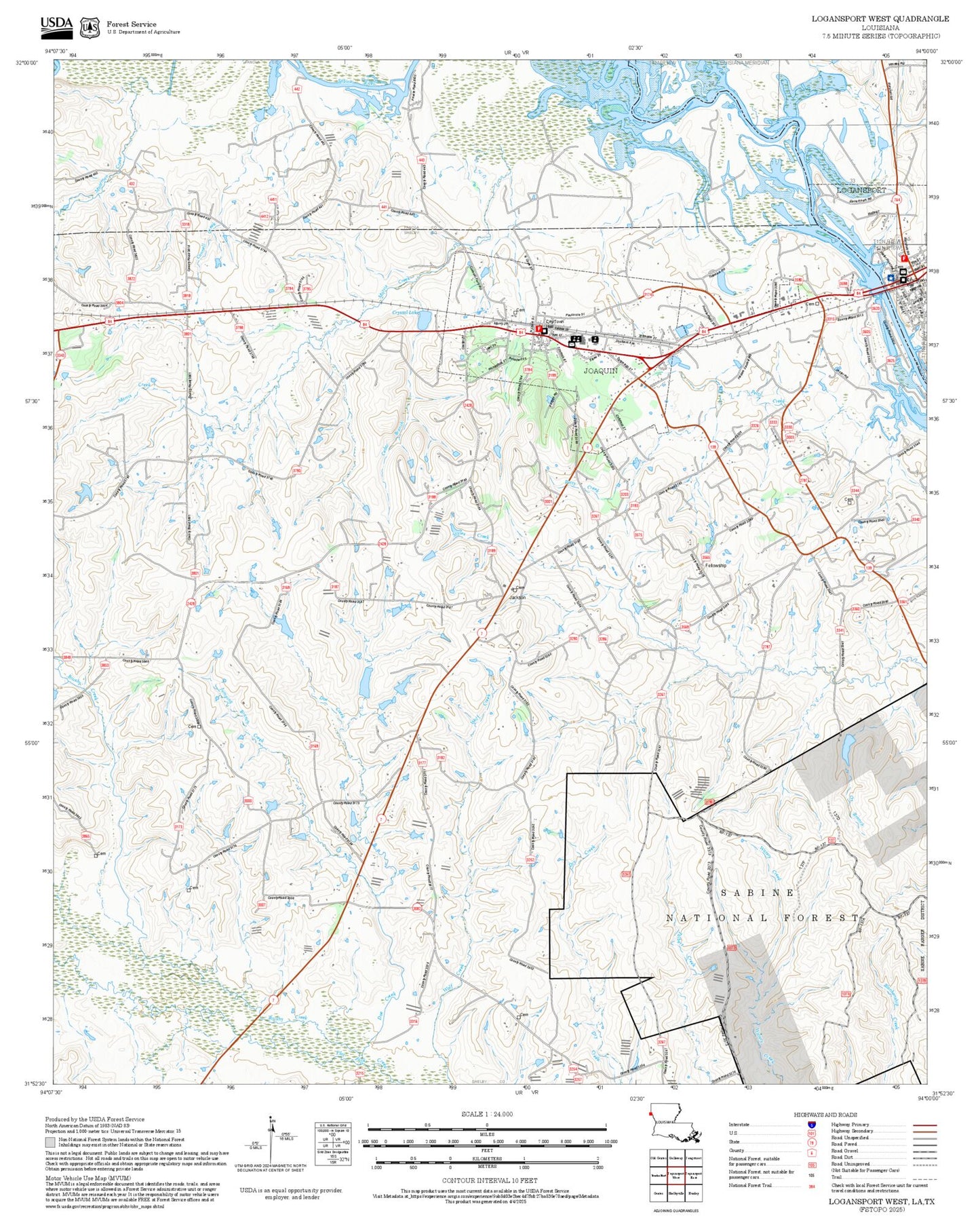 2025 Forest Service Topo Map of Logansport West Louisiana