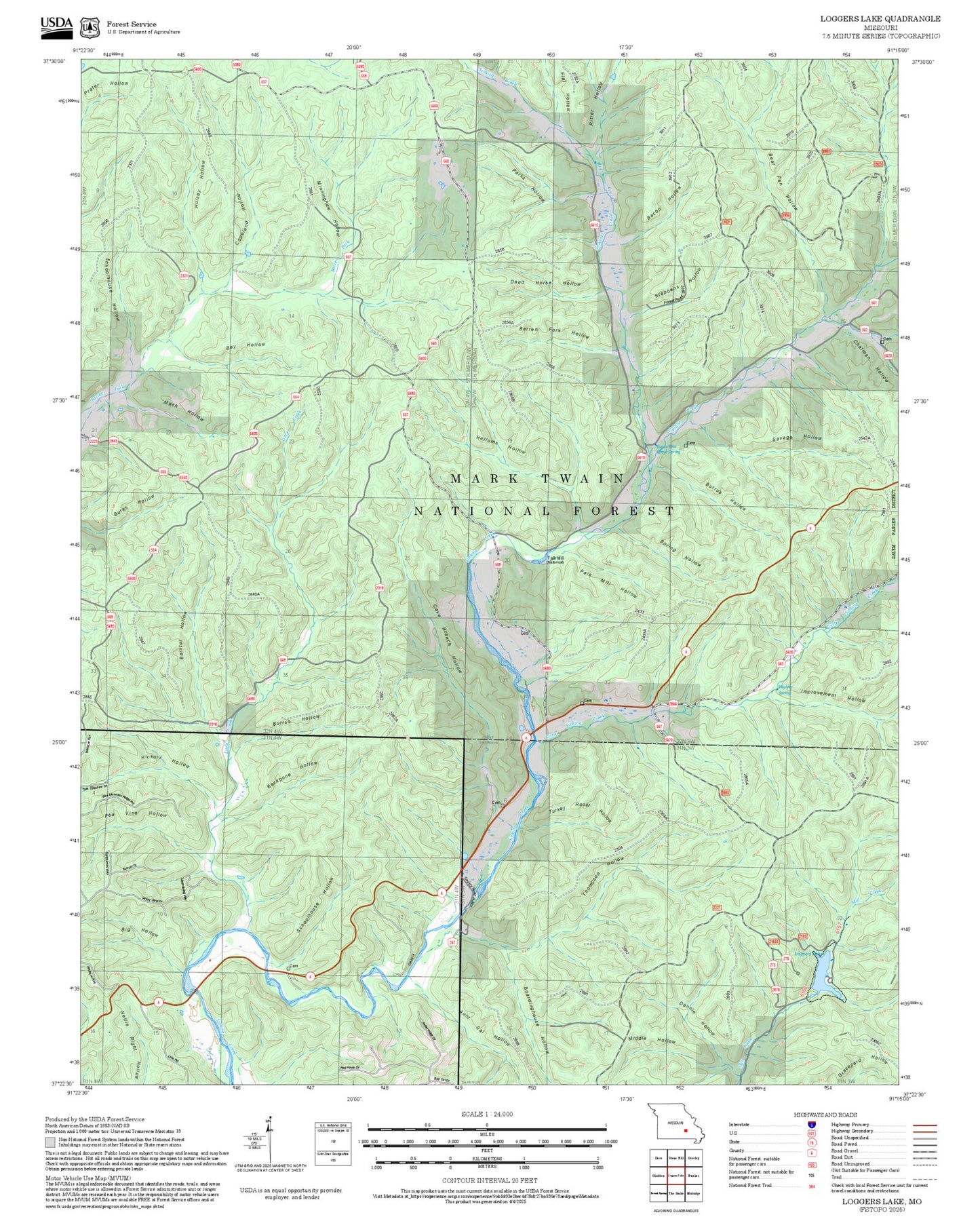 2025 Forest Service Topo Map of Loggers Lake Missouri