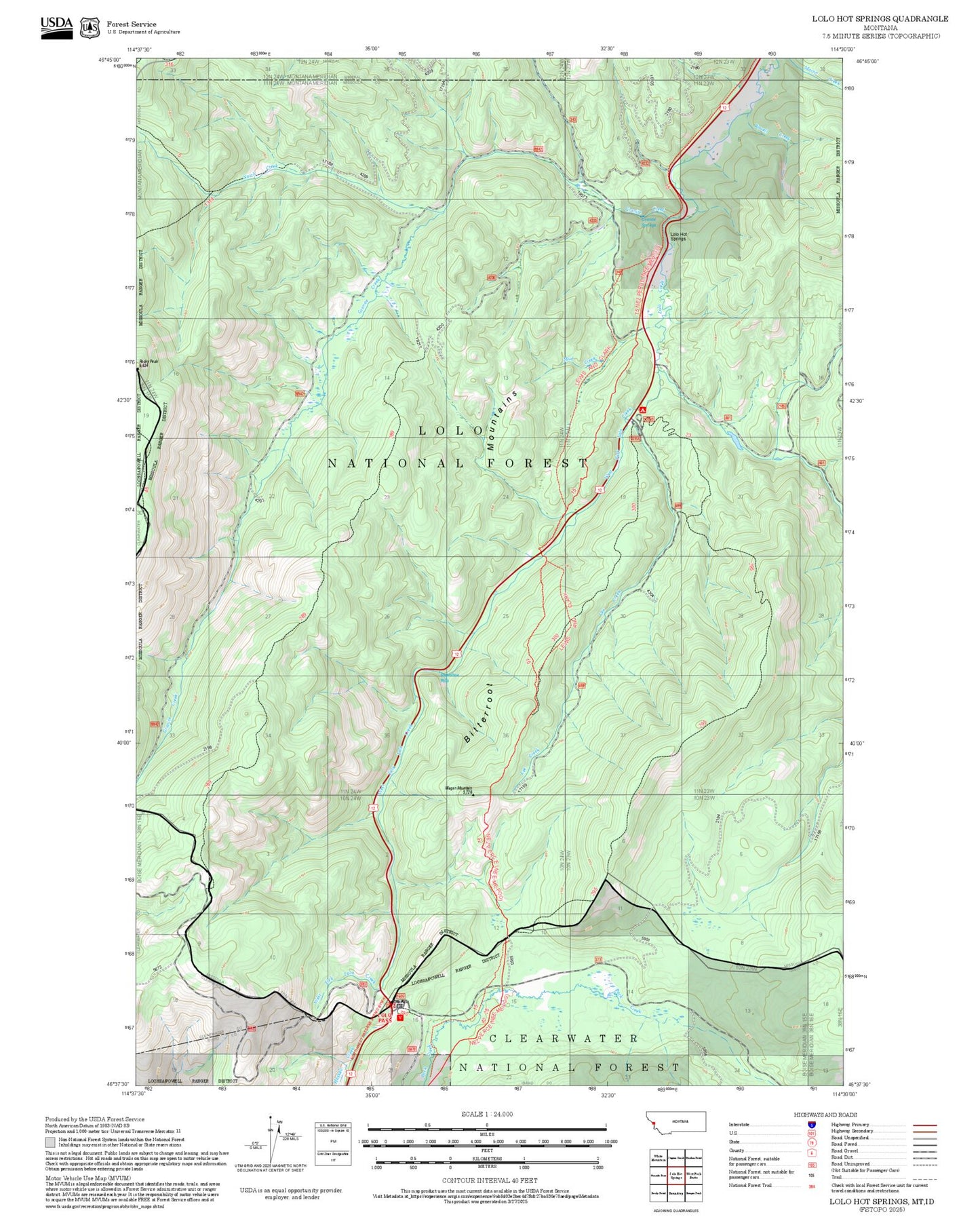 2025 Forest Service Topo Map of Lolo Hot Springs Montana
