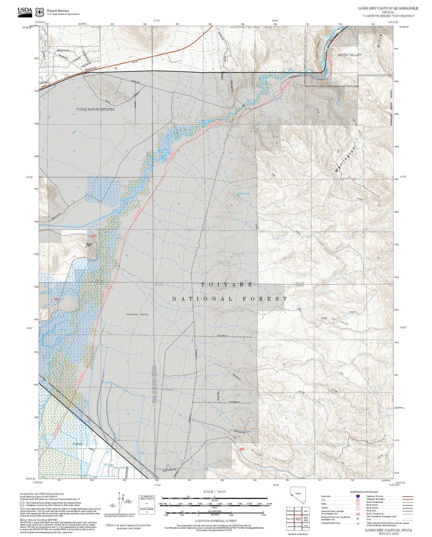 2025 Forest Service Topo Map of Long Dry Canyon Nevada