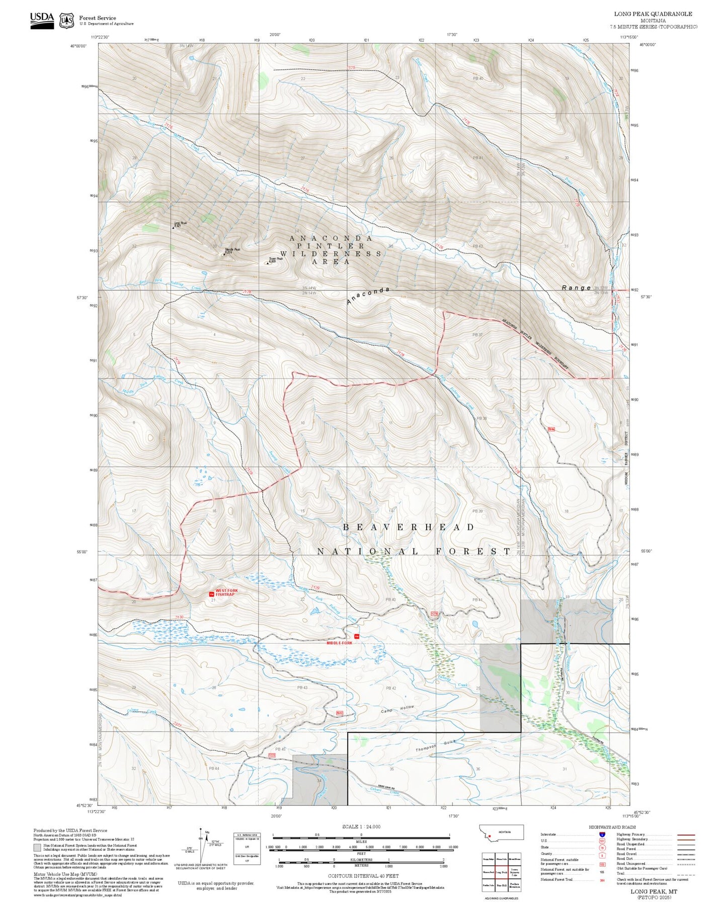 2025 Forest Service Topo Map of Long Peak Montana