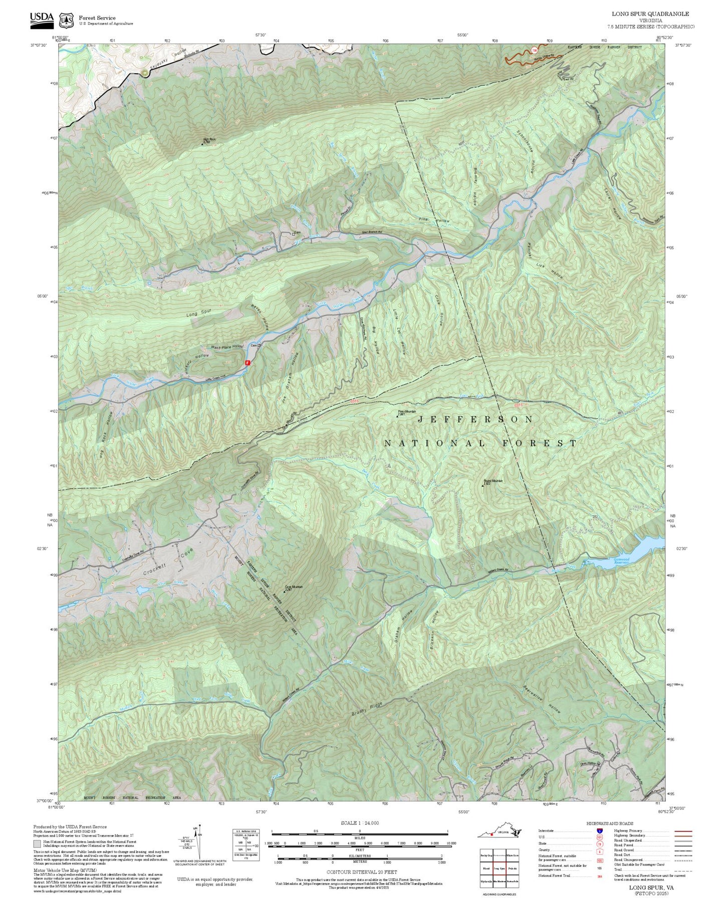 2025 Forest Service Topo Map of Long Spur Virginia
