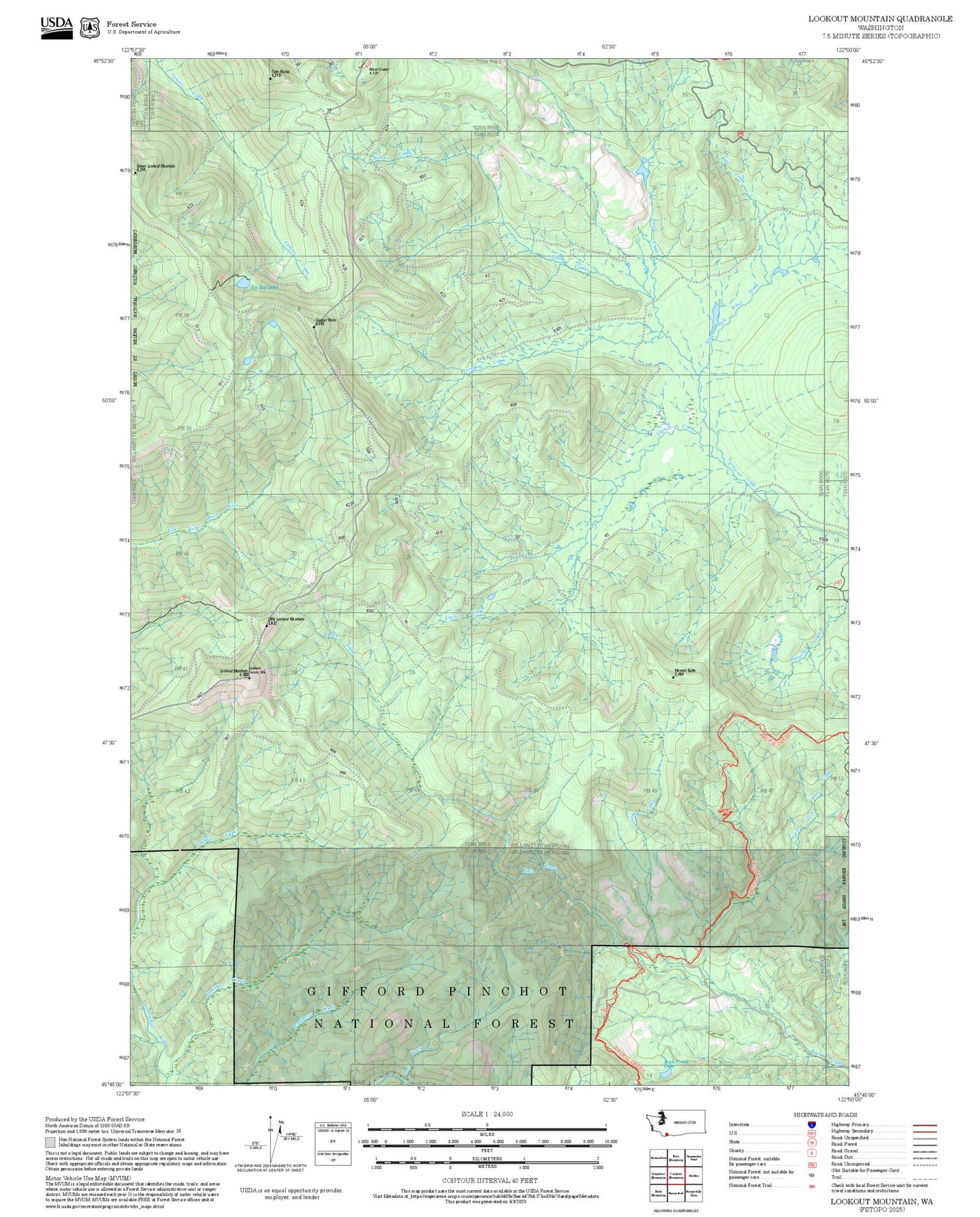 2025 Forest Service Topo Map of Lookout Mountain Washington