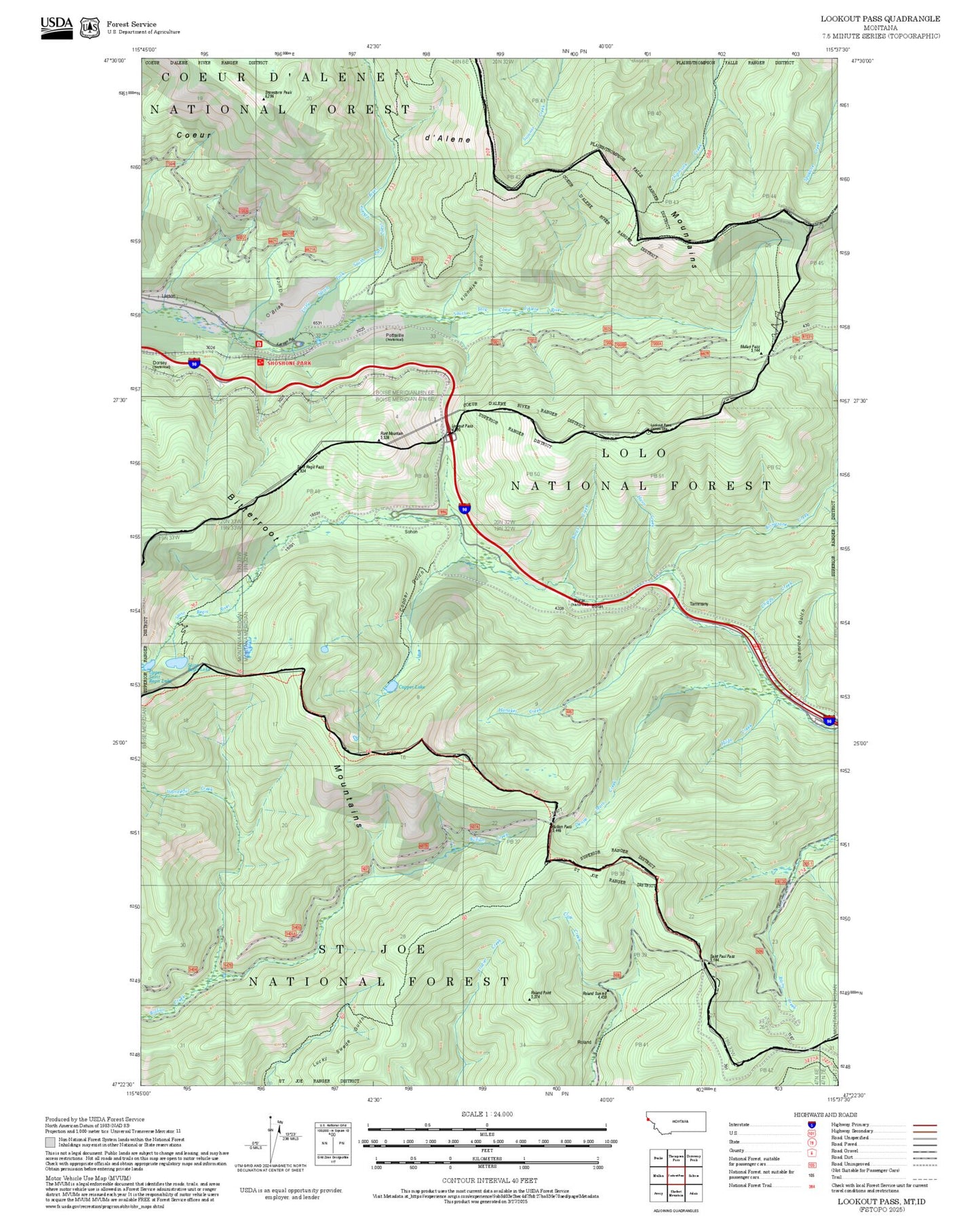 2025 Forest Service Topo Map of Lookout Pass Montana