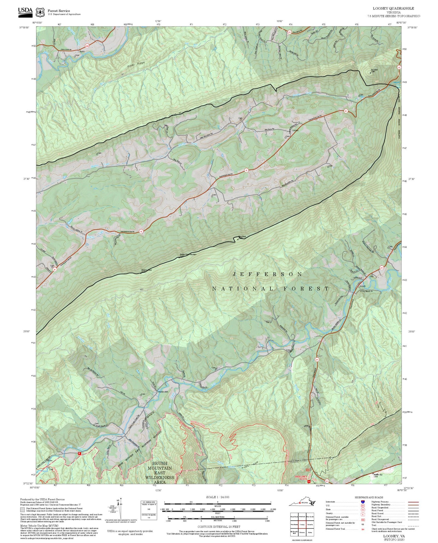 2025 Forest Service Topo Map of Looney Virginia