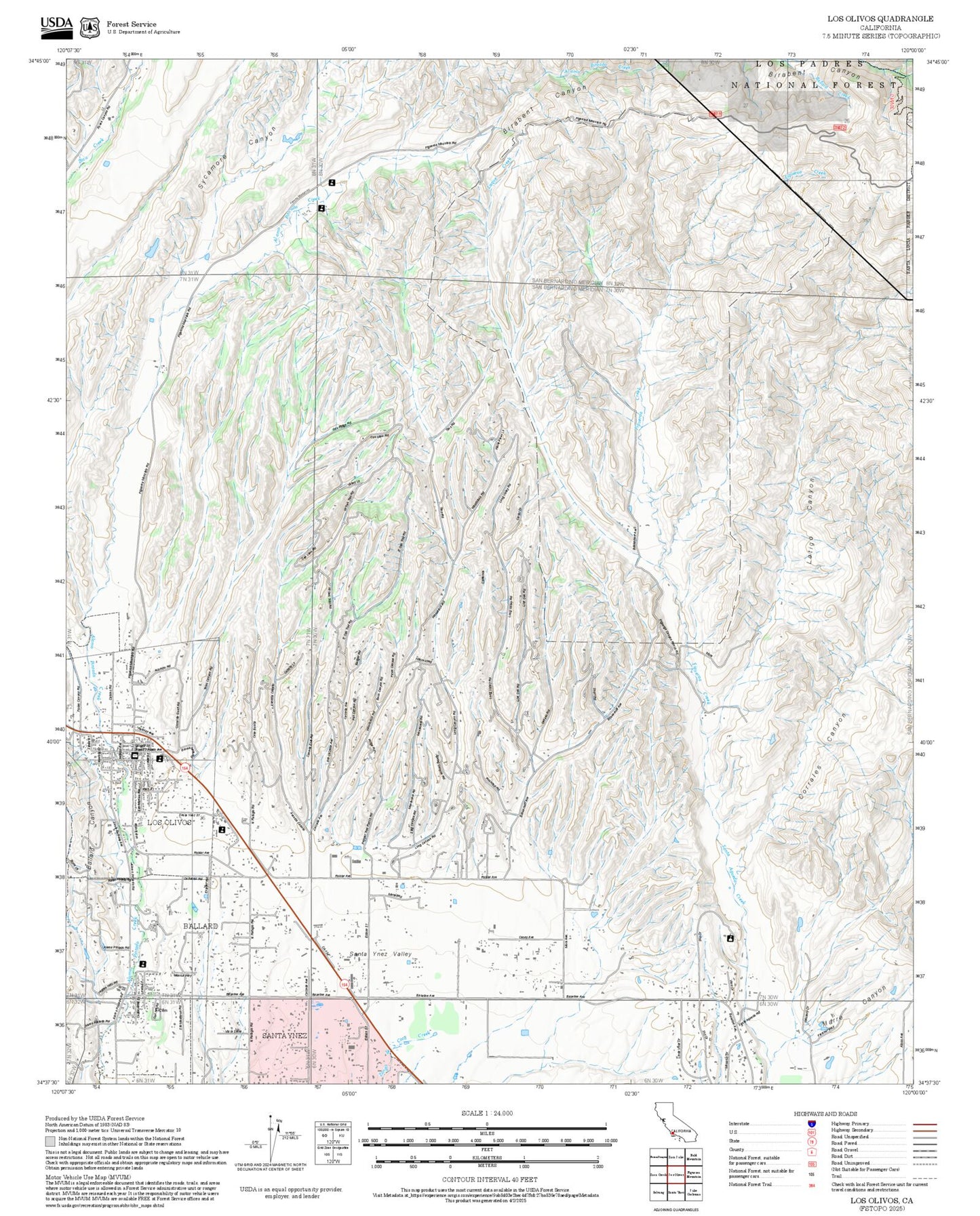 2025 Forest Service Topo Map of Los Olivos California