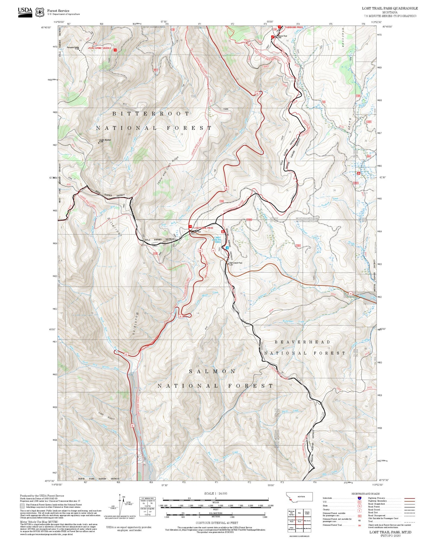 2025 Forest Service Topo Map of Lost Trail Pass Montana