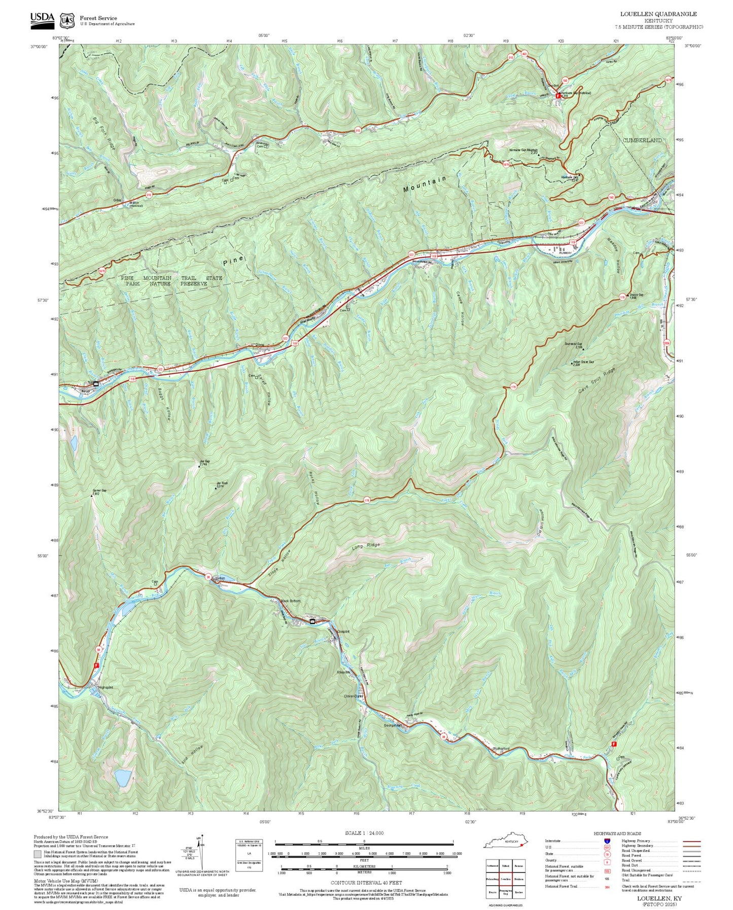 2025 Forest Service Topo Map of Louellen Kentucky