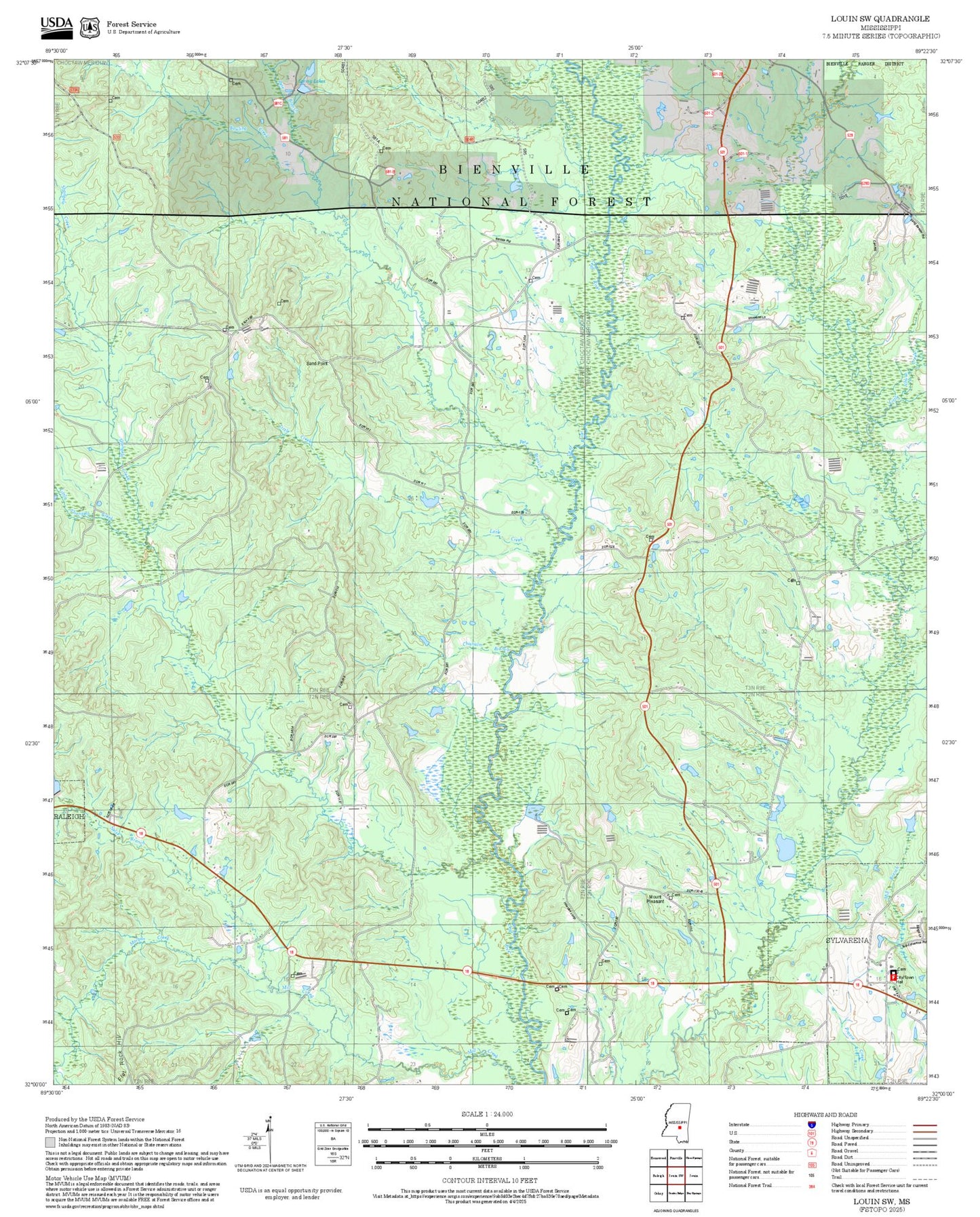 2025 Forest Service Topo Map of Louin SW Mississippi