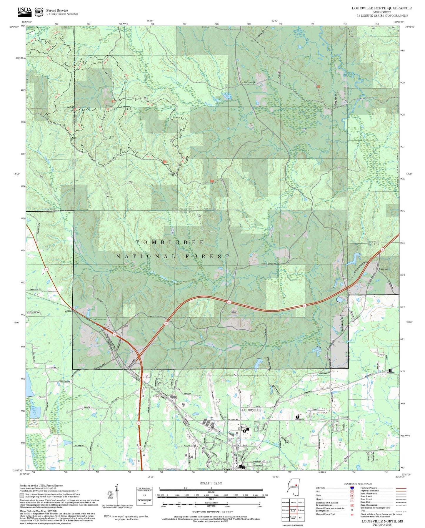 2025 Forest Service Topo Map of Louisville North Mississippi