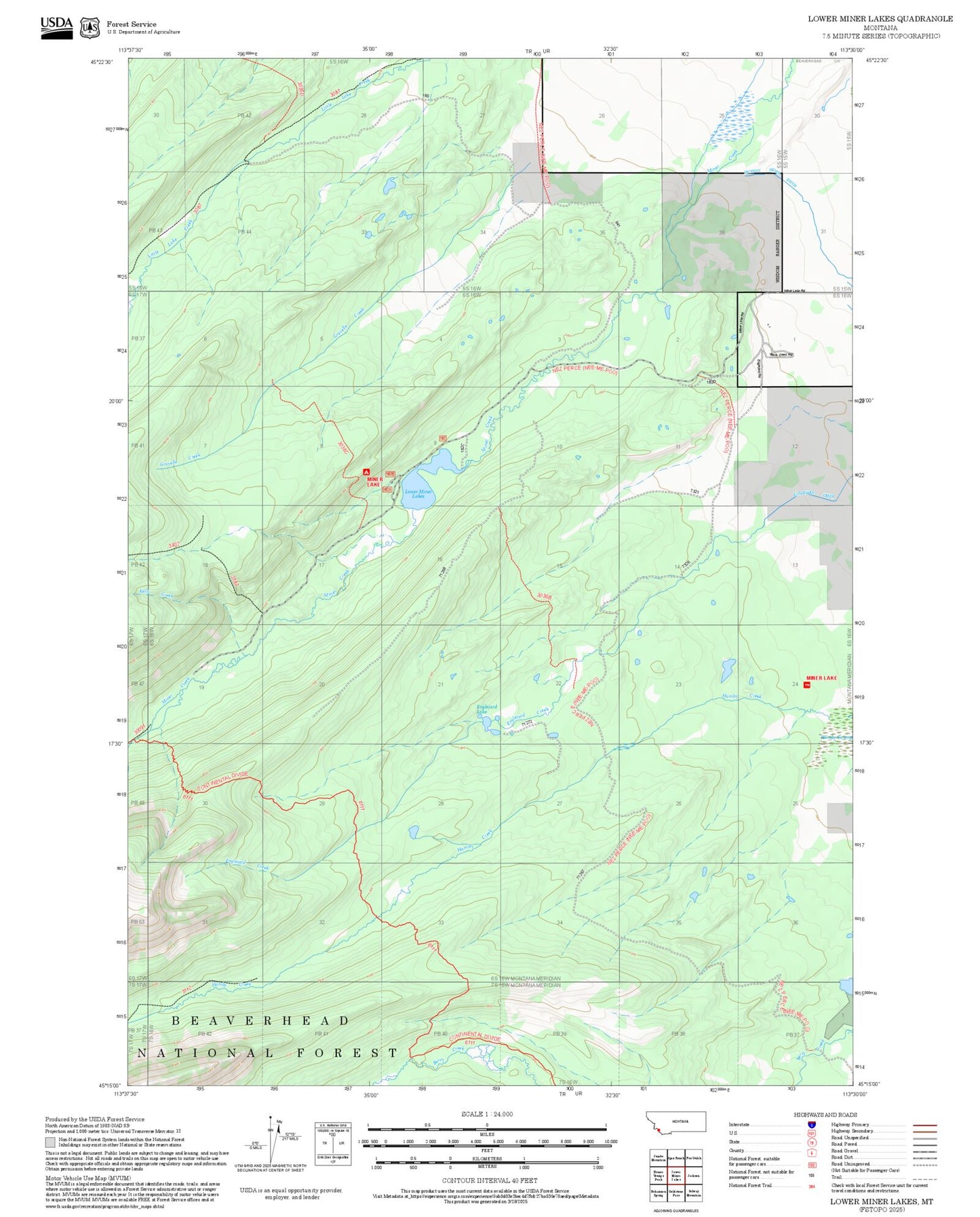 2025 Forest Service Topo Map of Lower Miner Lakes Montana