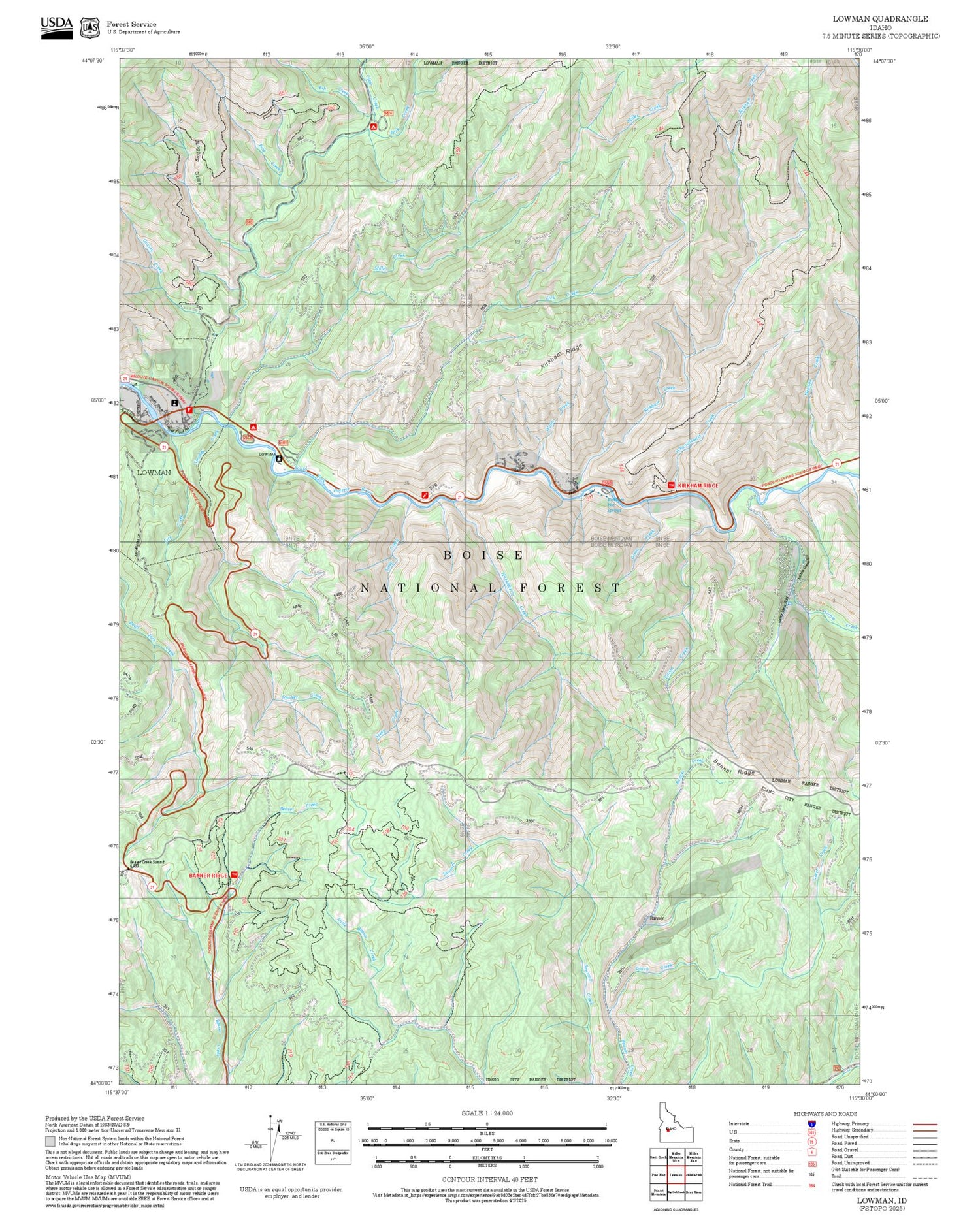 2025 Forest Service Topo Map of Lowman Idaho