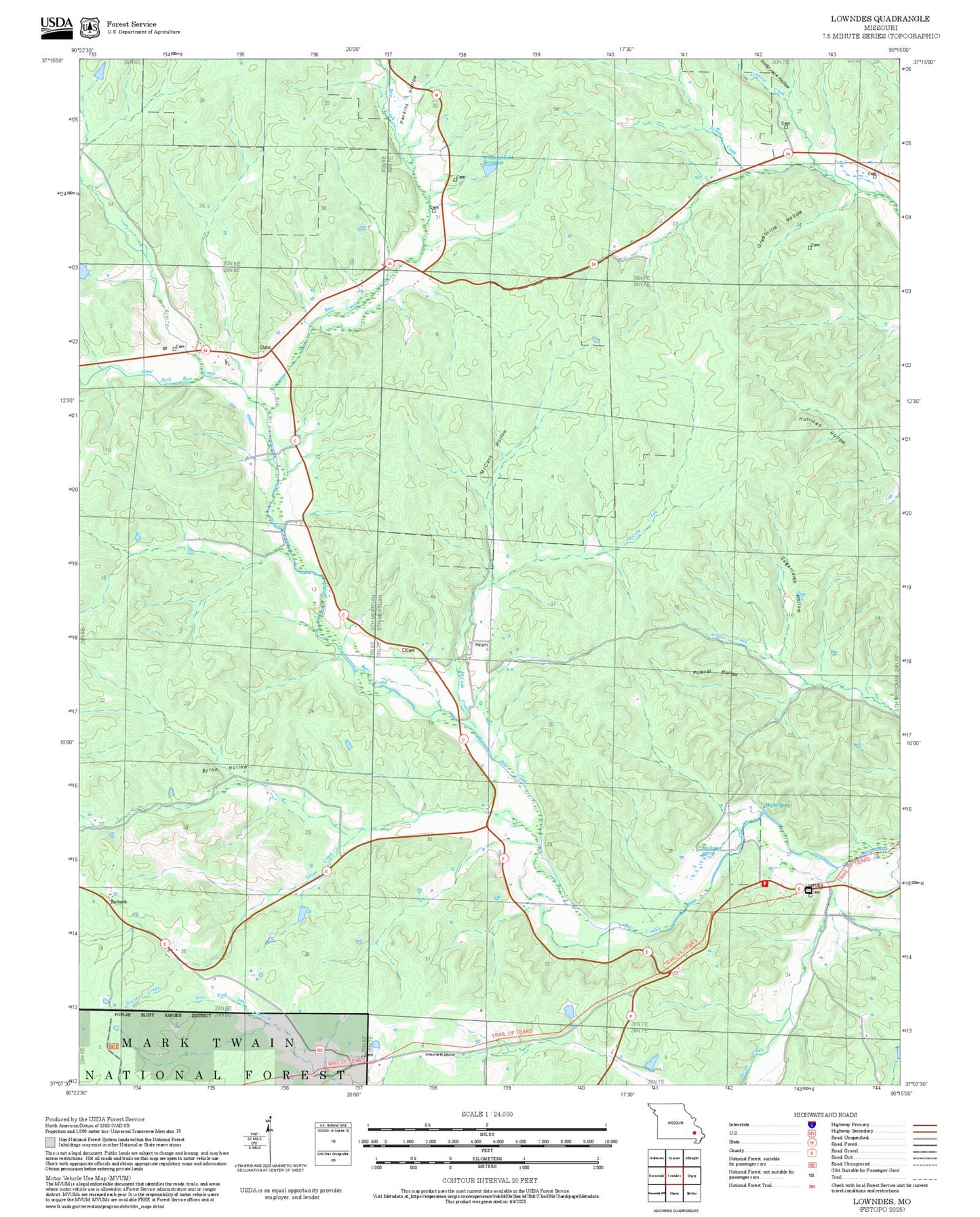 2025 Forest Service Topo Map of Lowndes Missouri