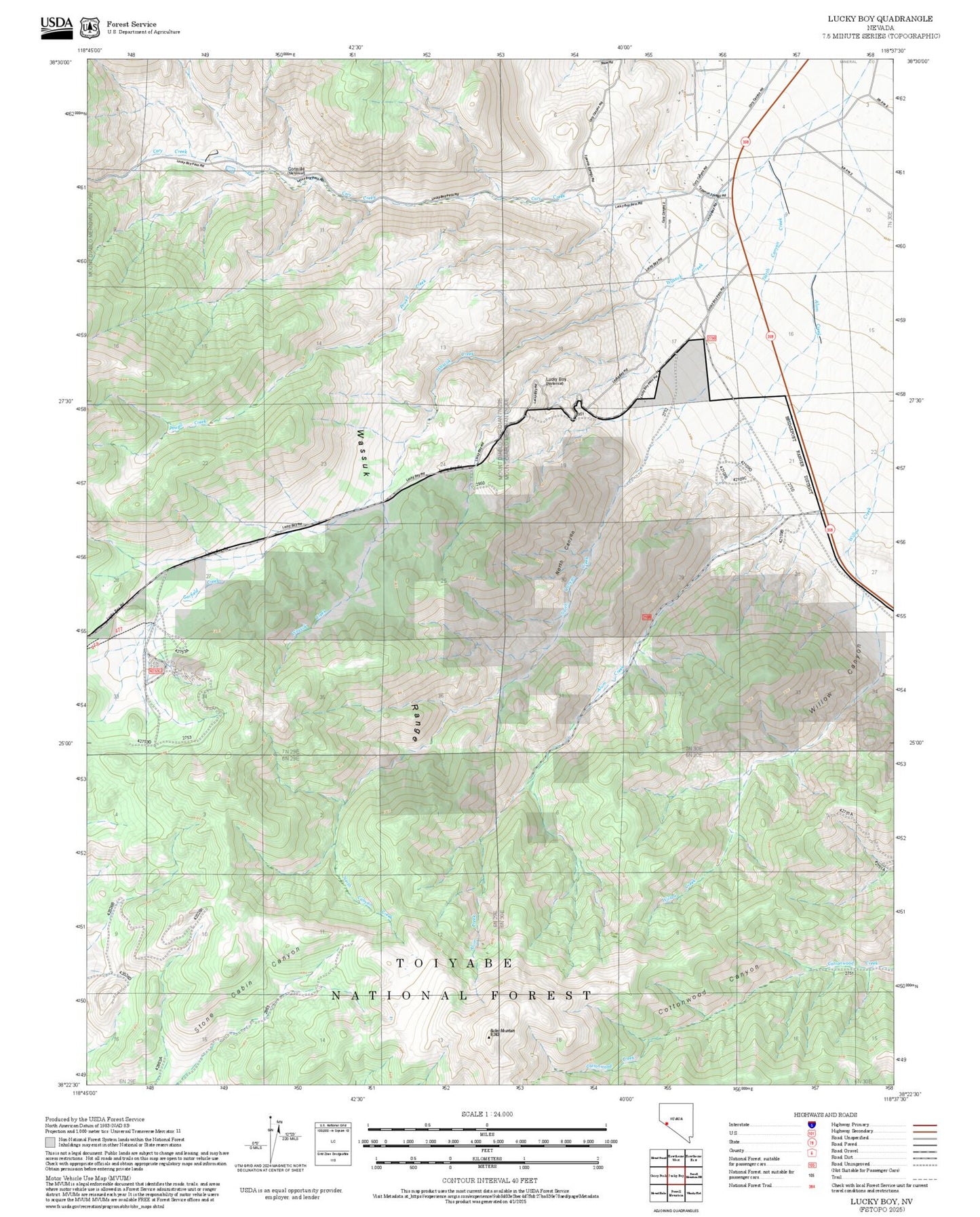 2025 Forest Service Topo Map of Lucky Boy Nevada