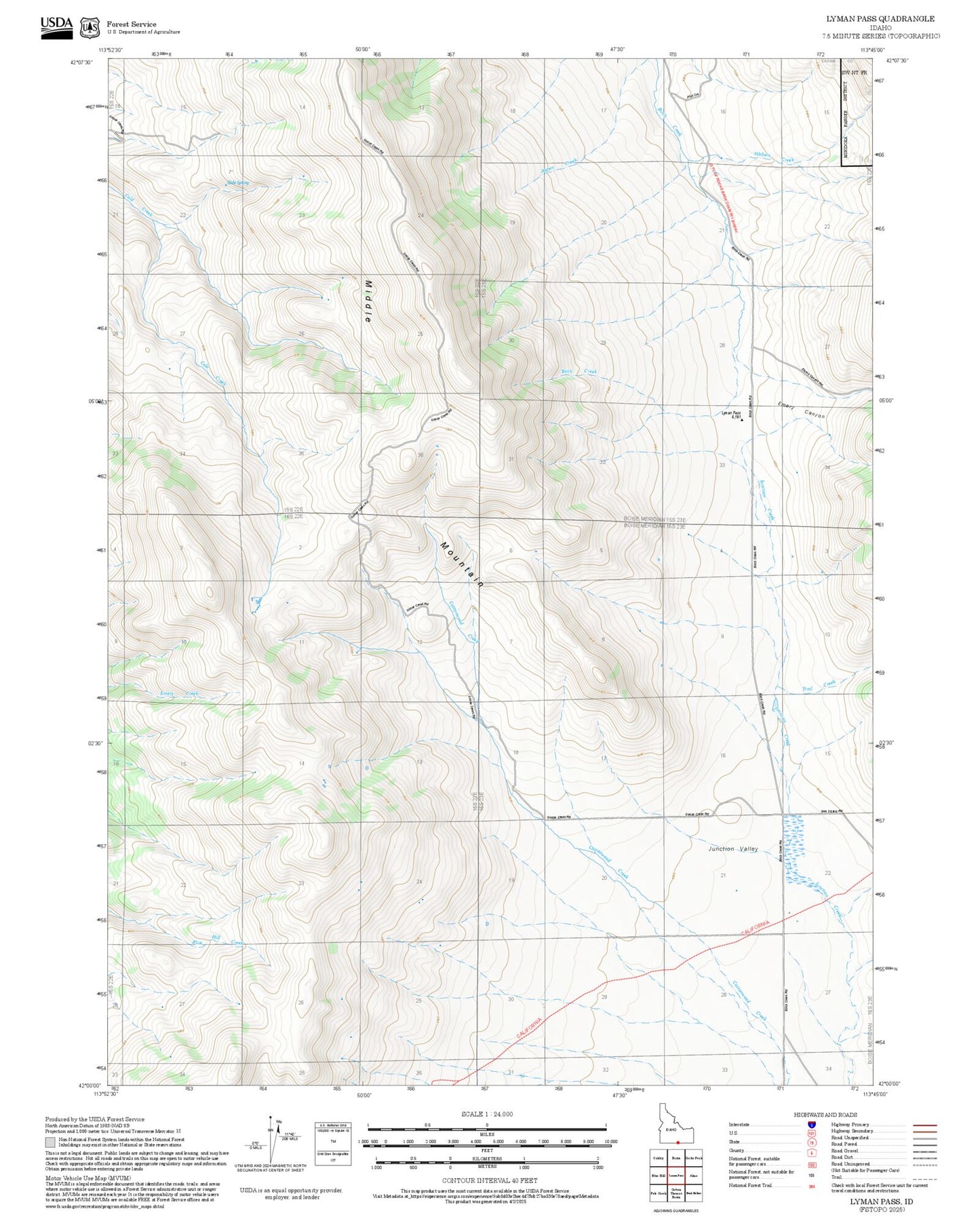 2025 Forest Service Topo Map of Lyman Pass Idaho