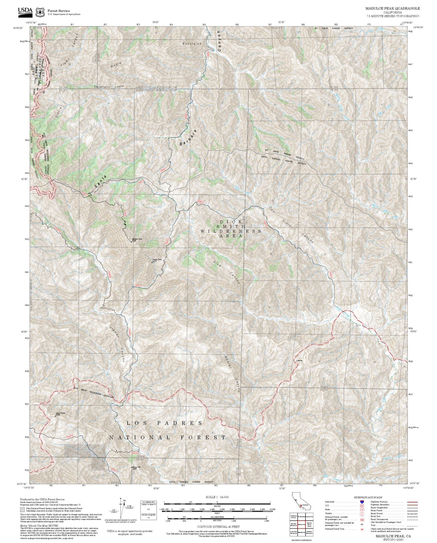 2025 Forest Service Topo Map of Madulce Peak California