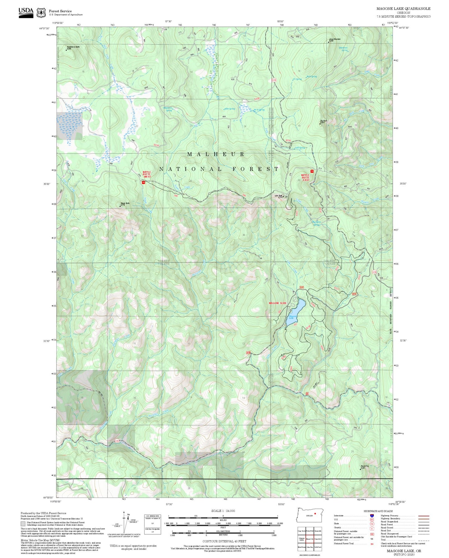 2025 Forest Service Topo Map of Magone Lake Oregon