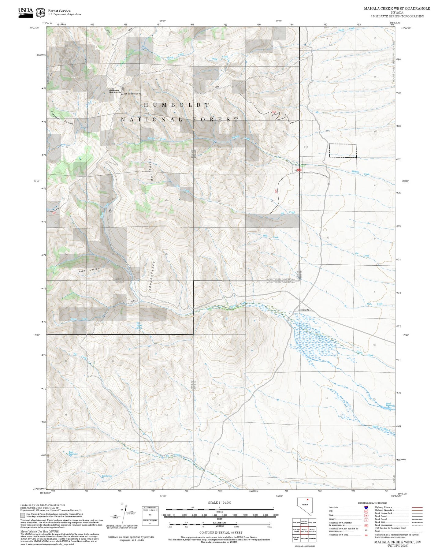 2025 Forest Service Topo Map of Mahala Creek West Nevada