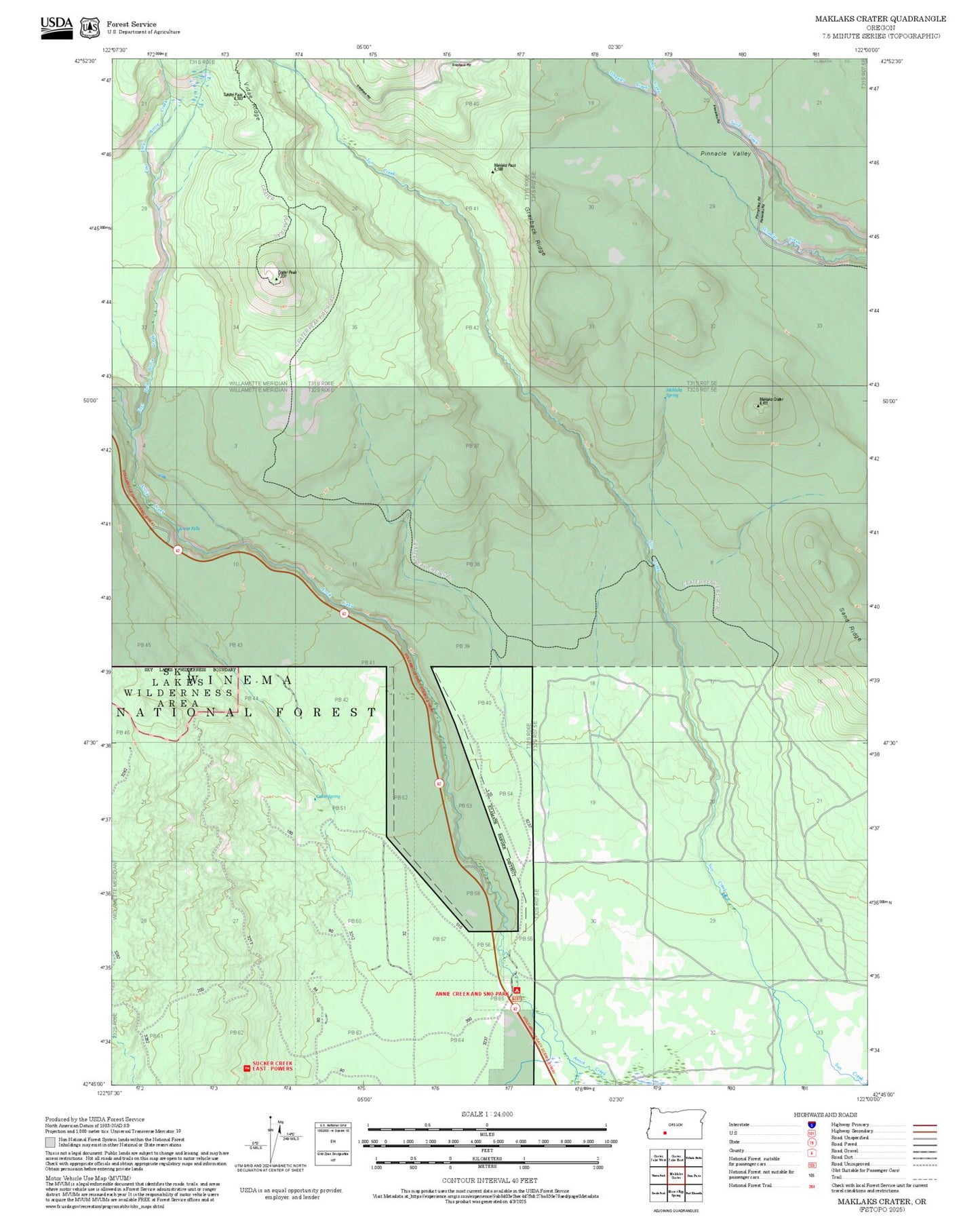 2025 Forest Service Topo Map of Maklaks Crater Oregon