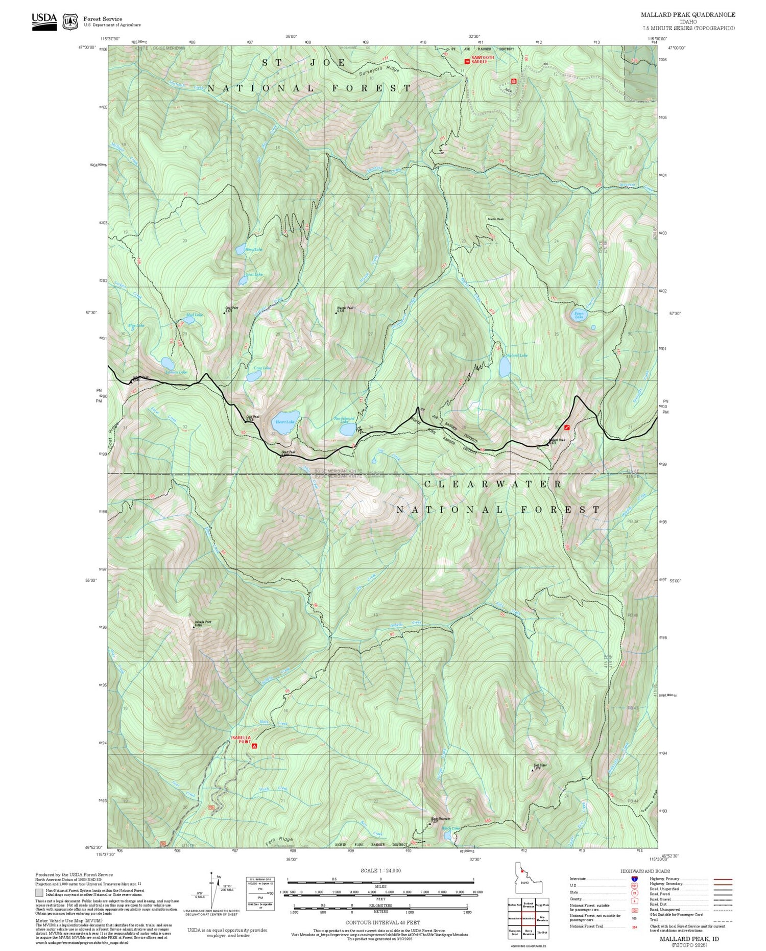 2025 Forest Service Topo Map of Mallard Peak Idaho
